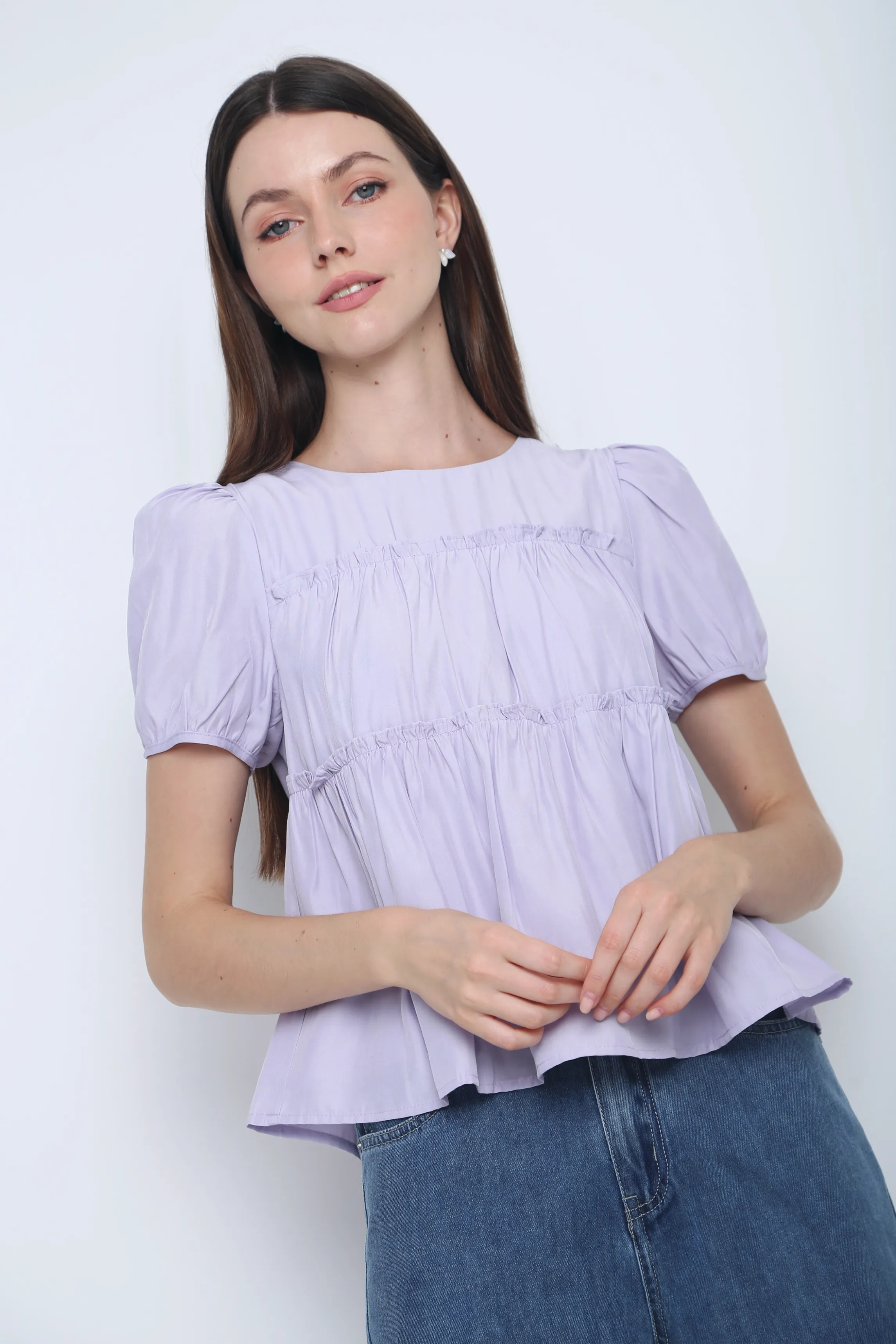 Iva Ruffles Tier Blouse Periwinkle EcoFriendlyDye StretchComfort