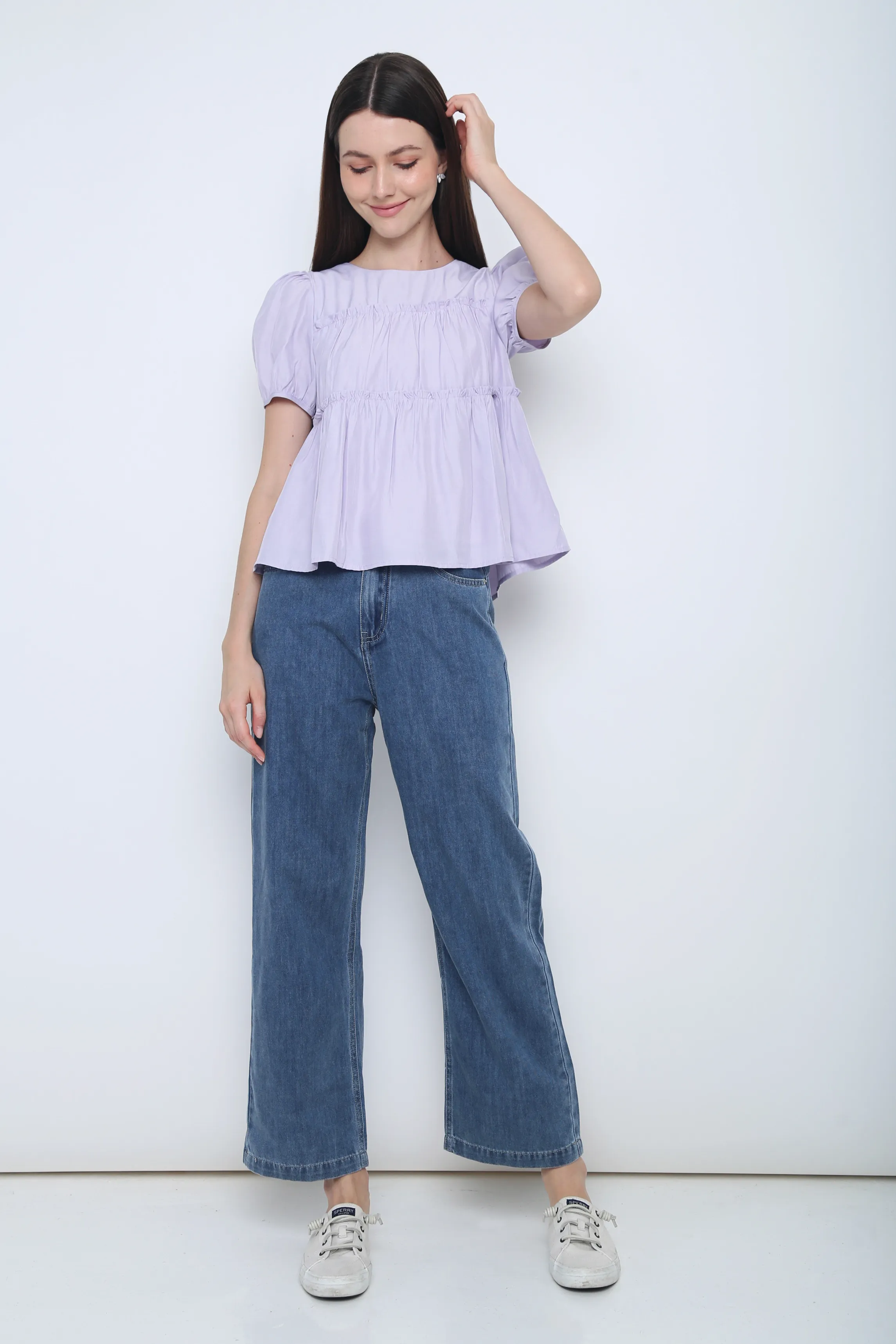 Hidden Zipper Closure Comfortable Cut Iva Ruffles Tier Blouse Periwinkle