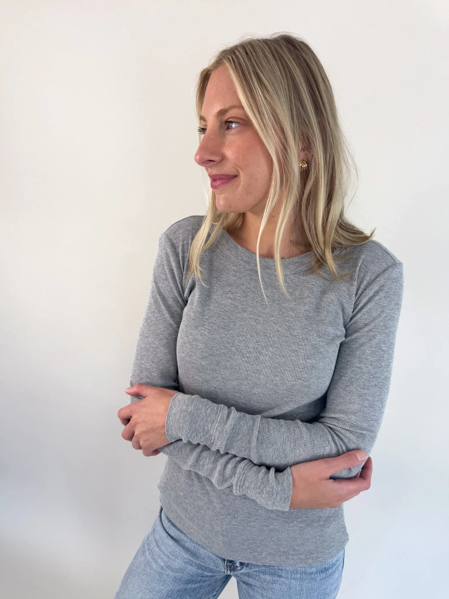 Jensen Round Neck Top- Grey Indoor setting