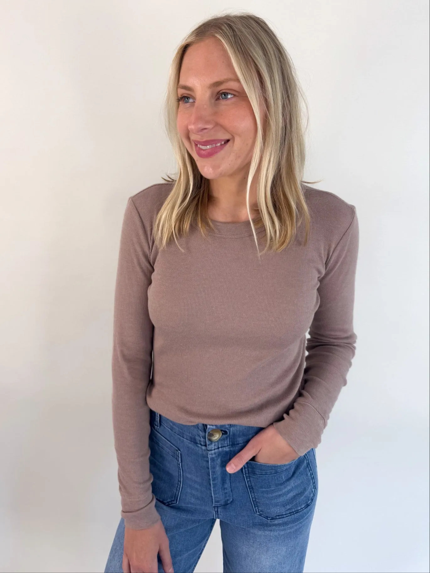 Fashionable Pasta Jensen Round Neck Top- Mocha