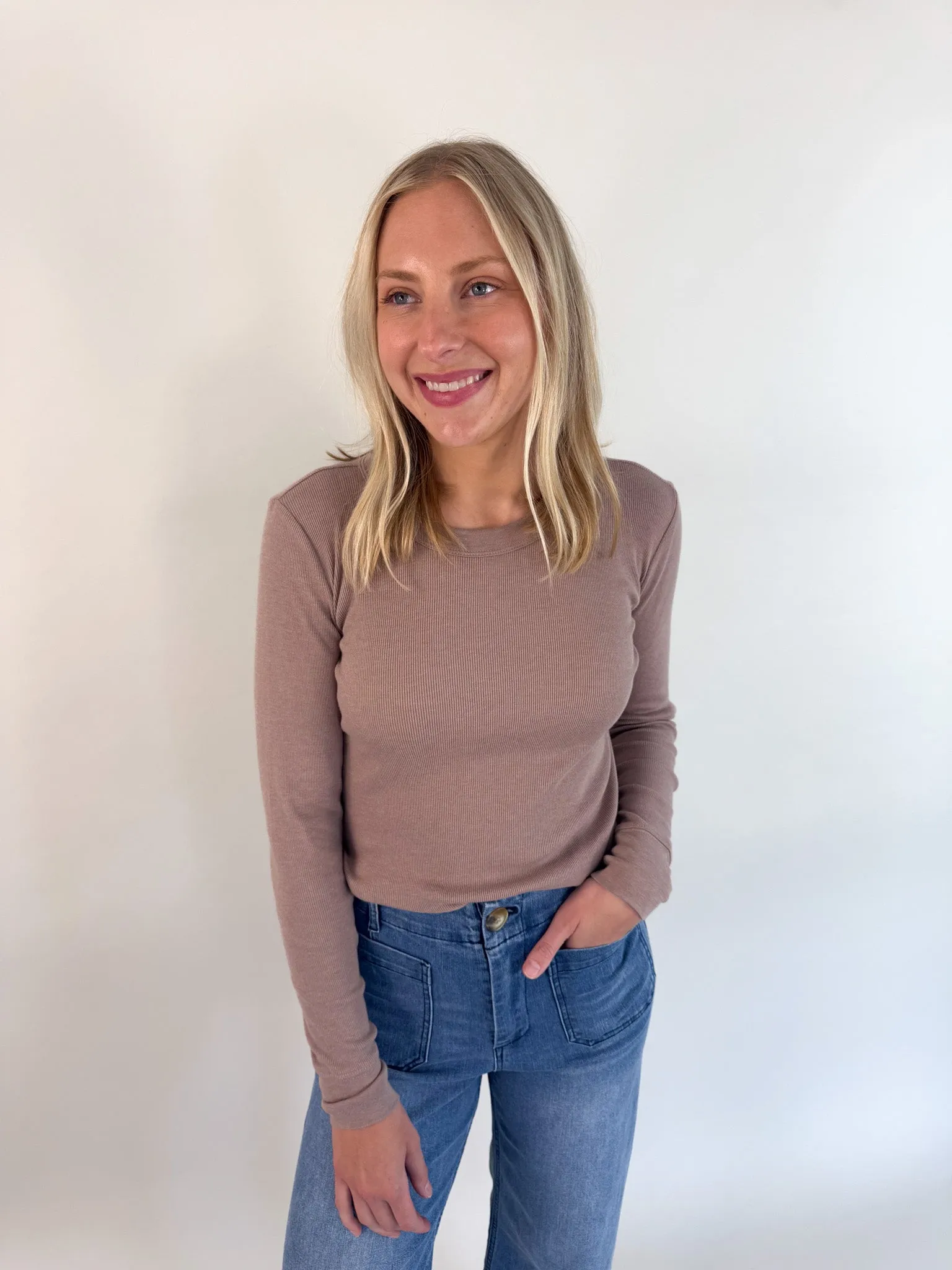 Jensen Round Neck Top- Mocha Work - wear Morning routine