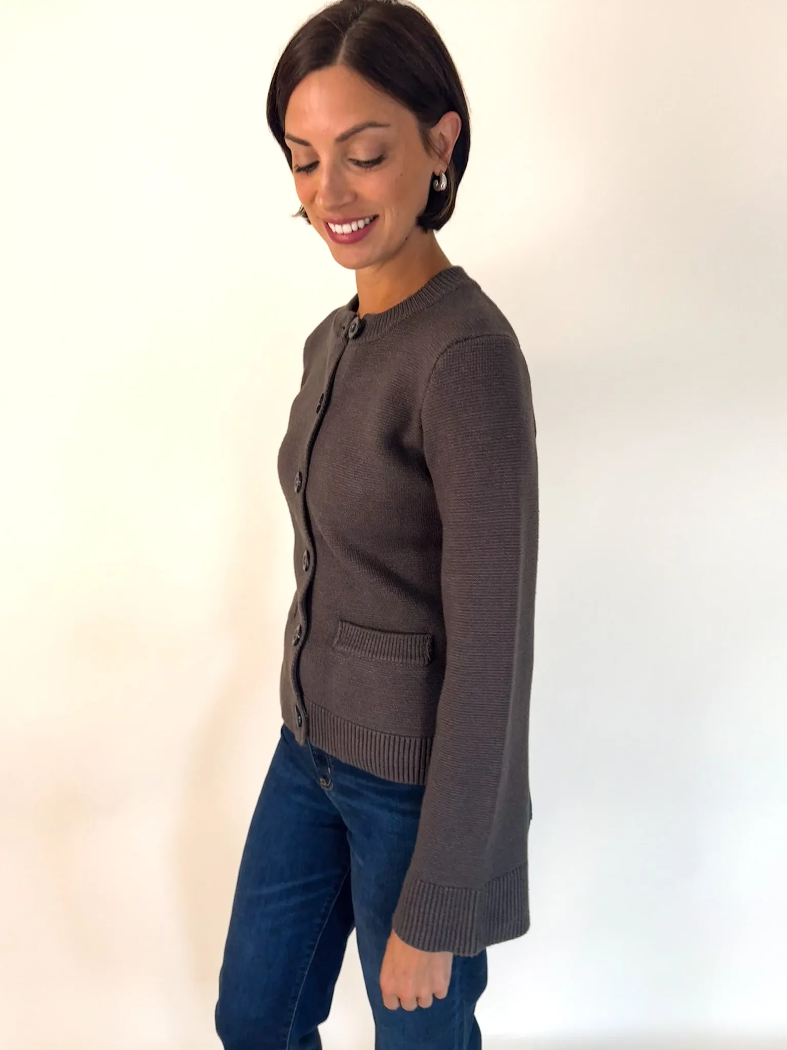 Keep It Classy Button Up Grey Cardigan Resilient Stretch Fabric Winter-Ready Knit