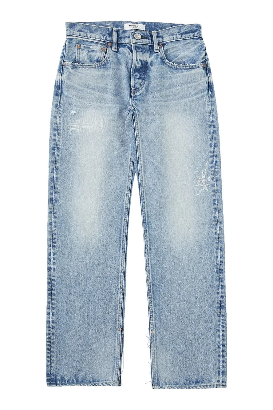 Moussy Denim Bostonia Straight Leg in Light Blue Multi Pocket Design