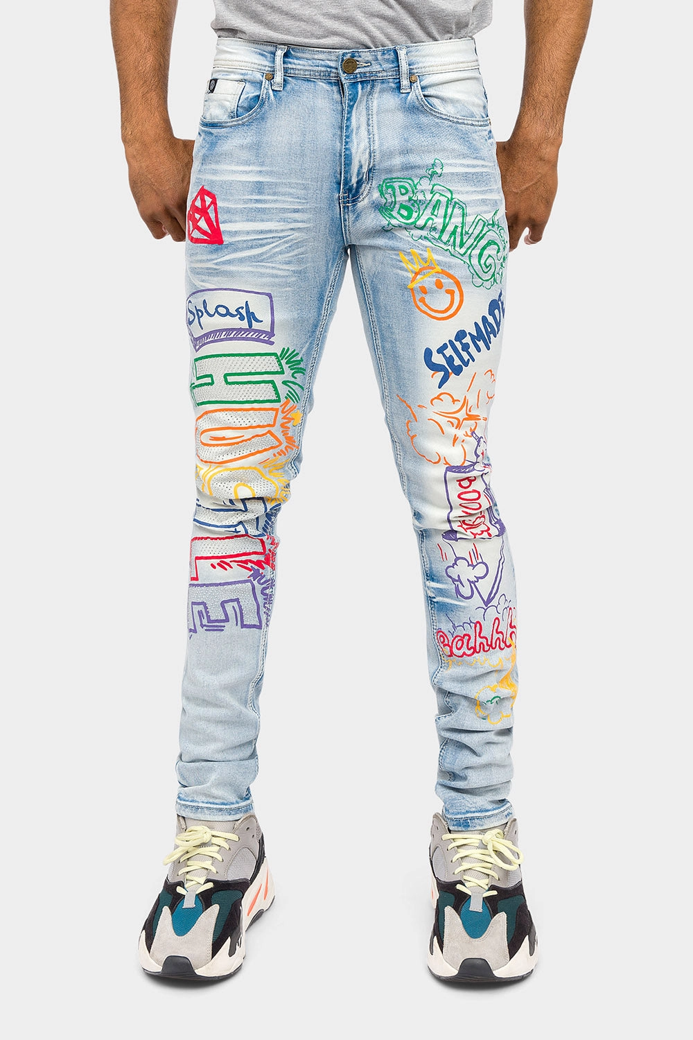 Graffiti Faded Washed Denim Jeans Fashionable Design