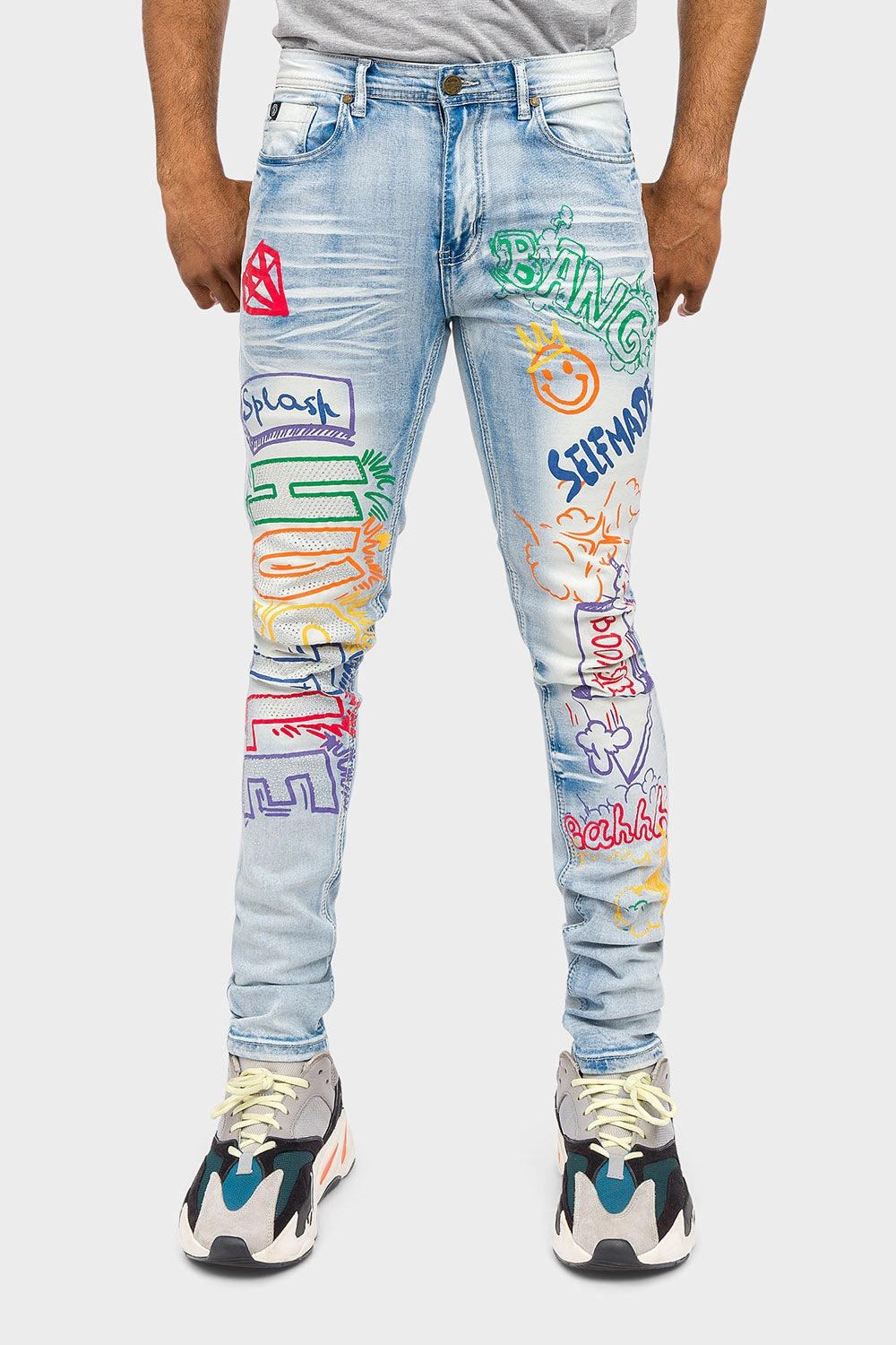 Quick Comfort Design Graffiti Faded Washed Denim Jeans