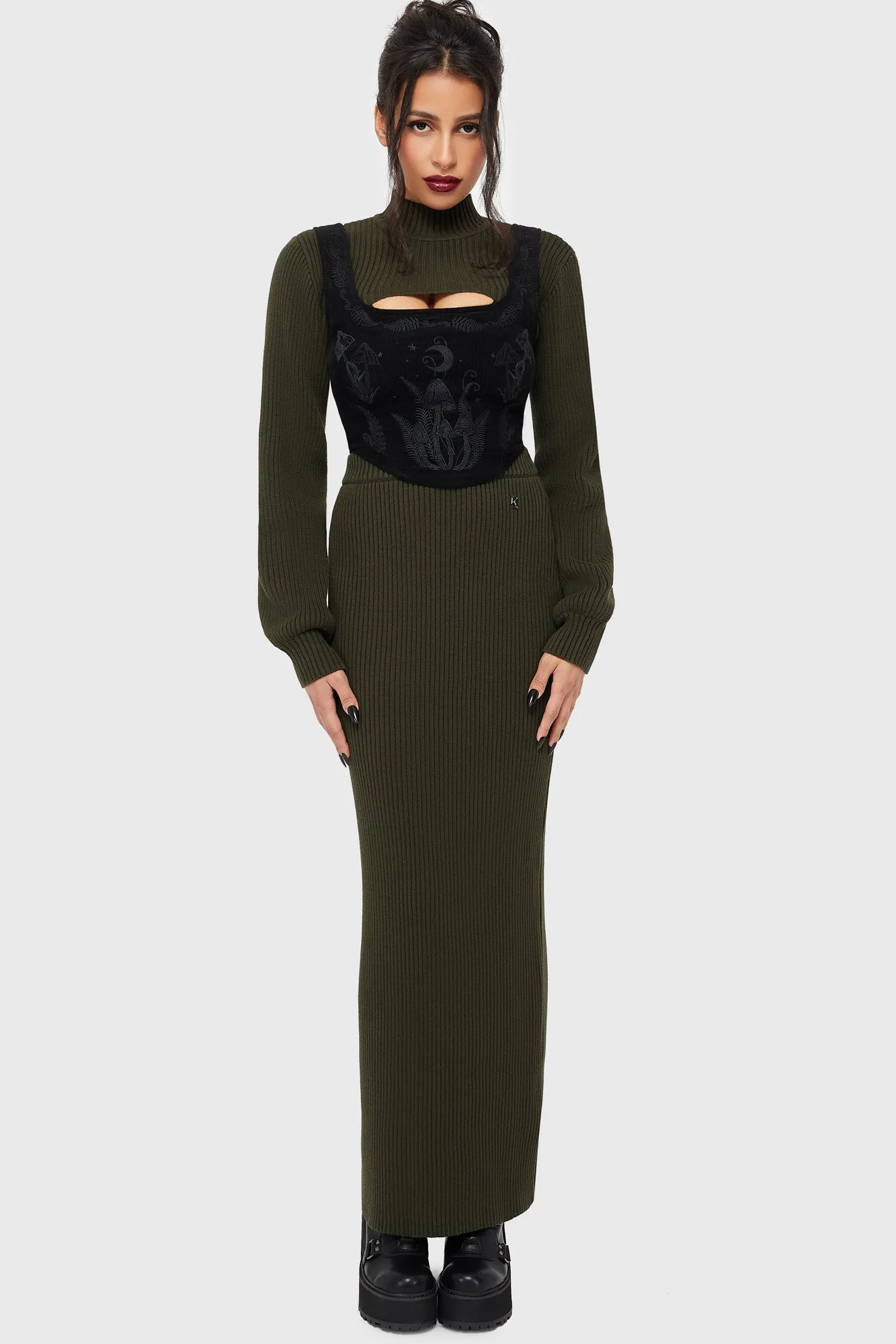 Belinda's Woe Maxi Skirt [Khaki] Scalloped Edge All Occasion