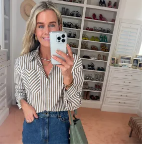 MASON'S DAUGHTER the French Cuff Boyfriend Shirt, Camel and White Striped Poplin WideNeckOpening Stay Cool Technology