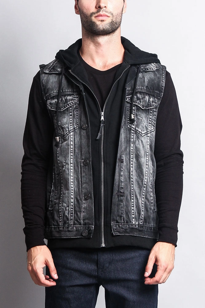 Nylon Shell Construction Heat Keep Layered Hooded Denim Vest