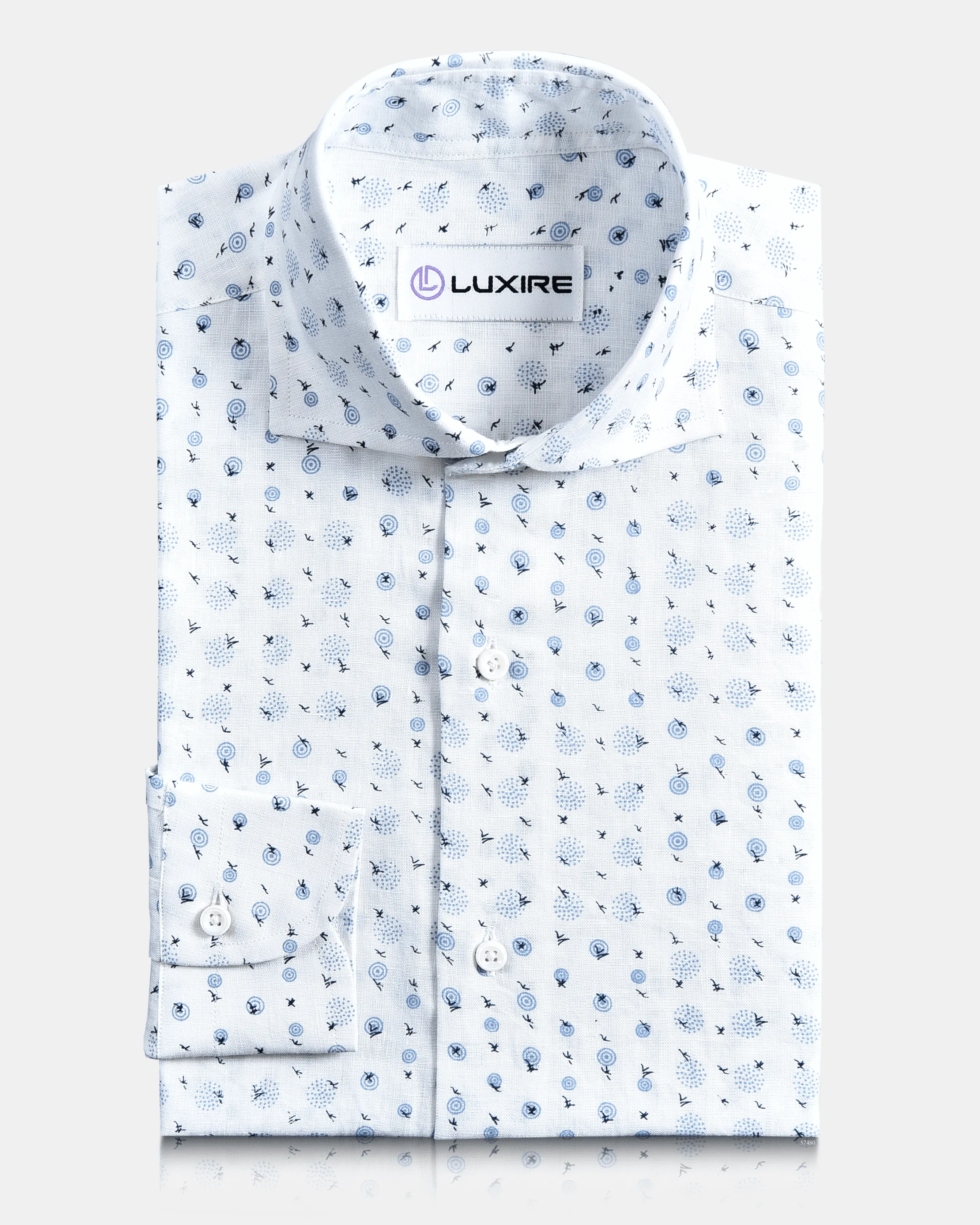 Linen: Blue Printed Birds On White Reinforced Shoulders Smooth Texture