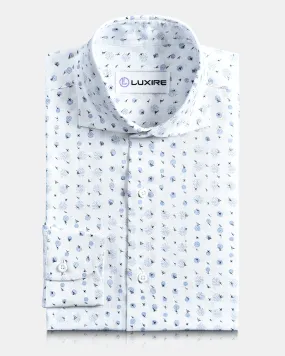 Linen: Blue Printed Birds On White Reinforced Shoulders Smooth Texture