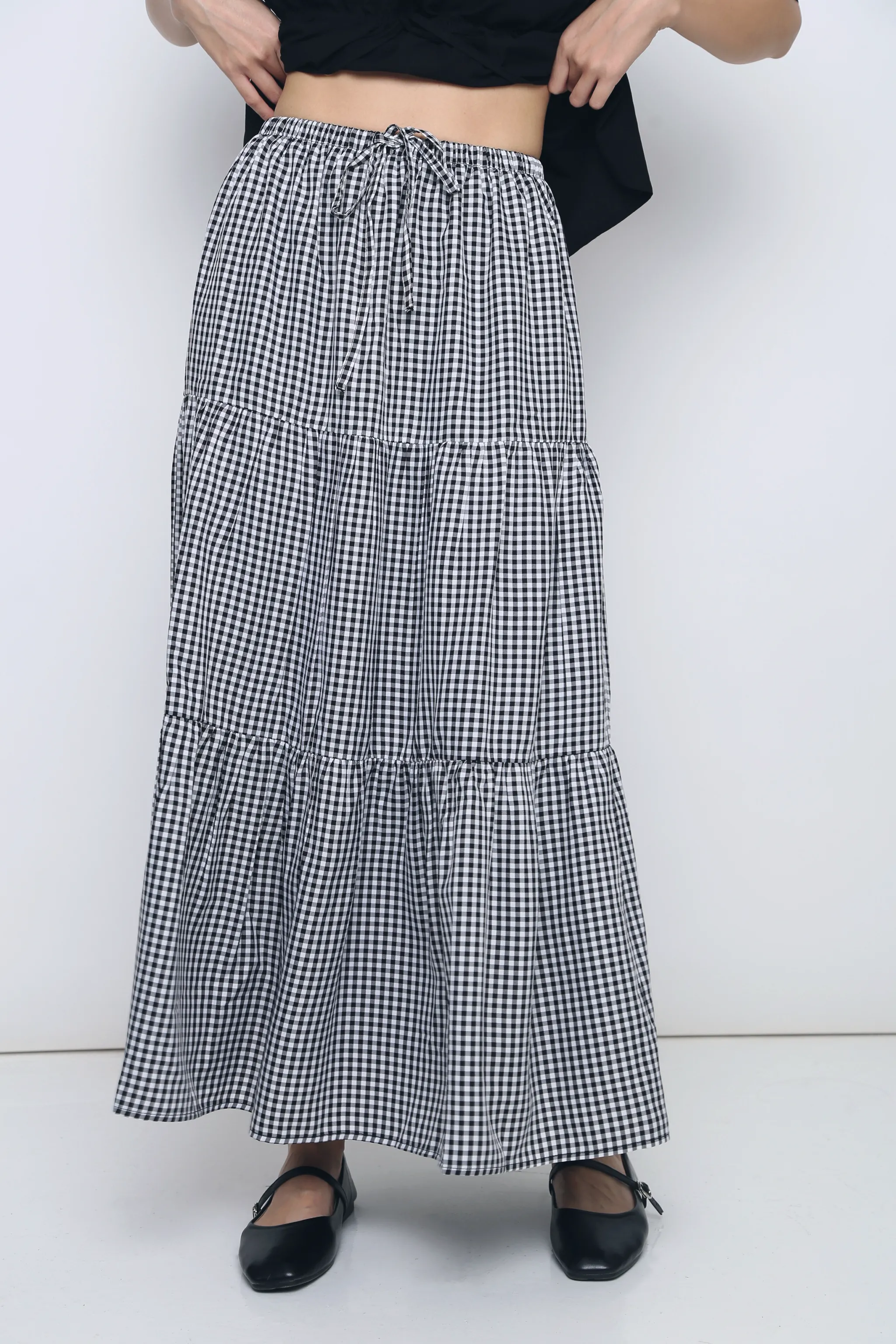 Peltz Gingham Tiered Maxi Skirt Black Outfit Lineup Non Restrictive Fit