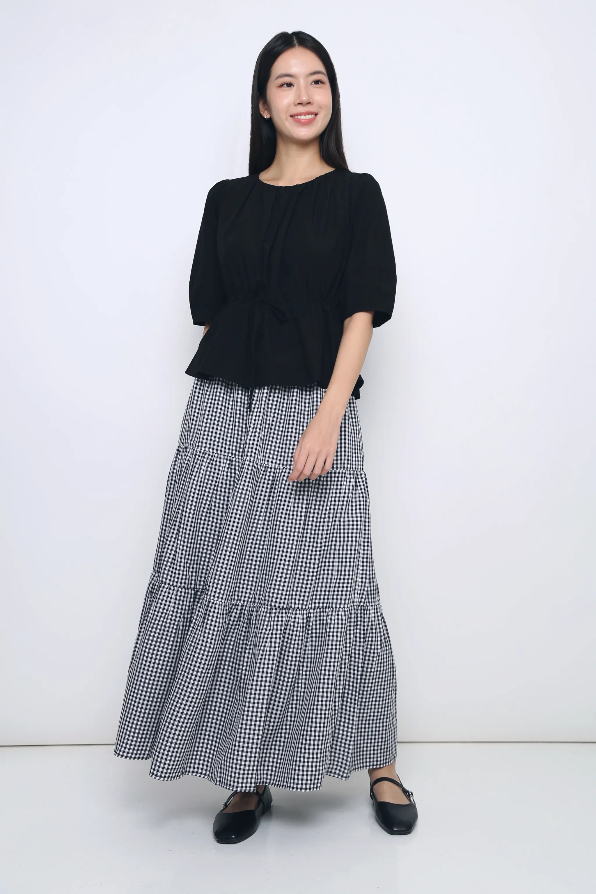 Peltz Gingham Tiered Maxi Skirt Black Synthetic Blend