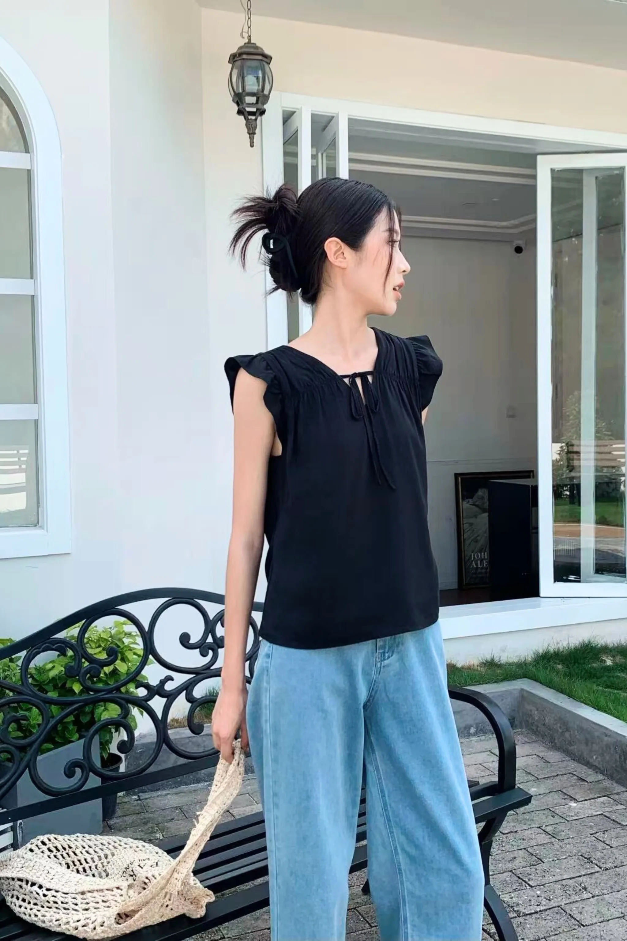 Butterfly Ruffles Blouse Black Microfiber texture Bound Edges