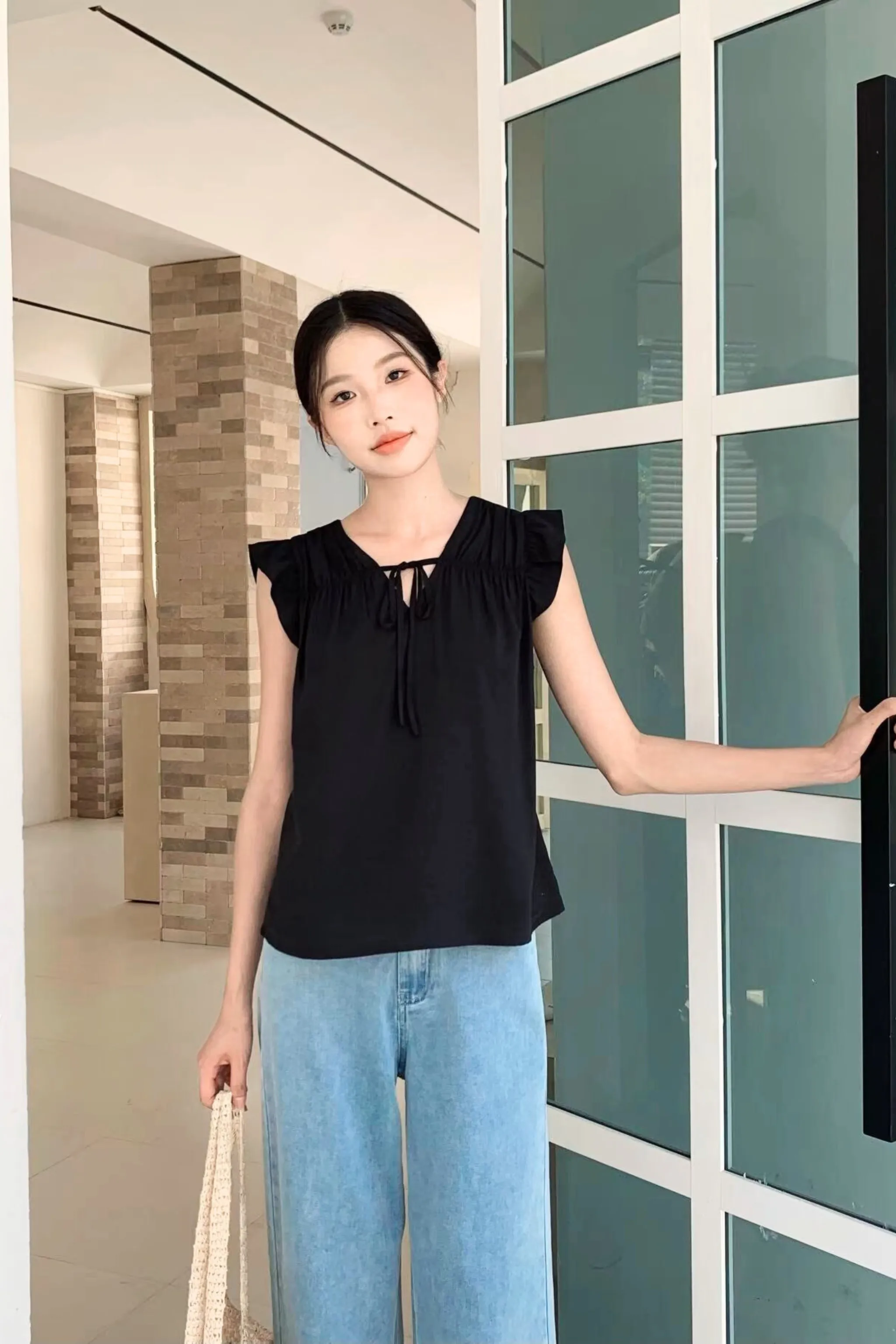 ReinforcedEdges WideNeckline Butterfly Ruffles Blouse Black