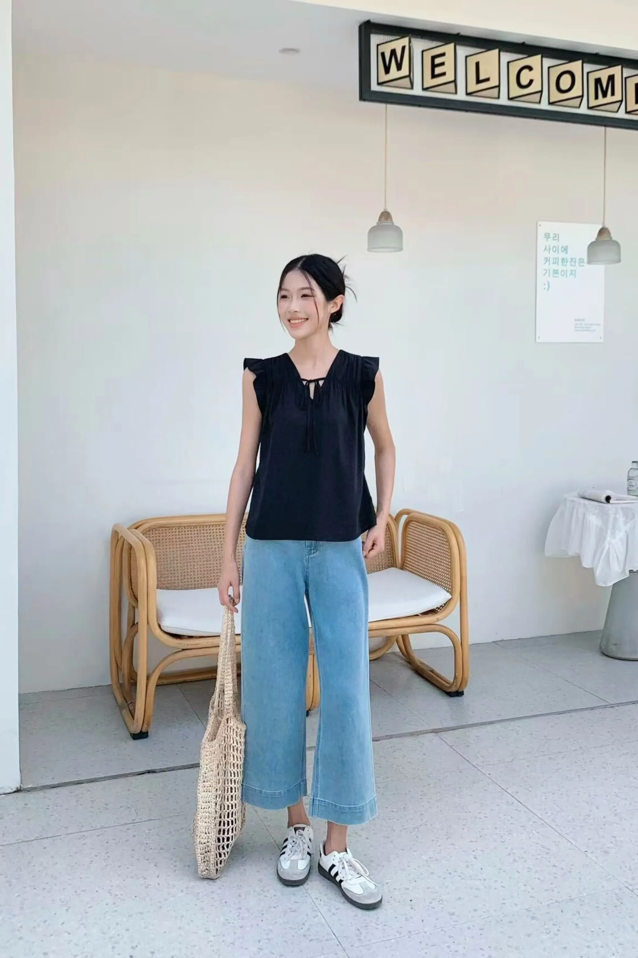 GarmentWashed Softness AirflowVents Butterfly Ruffles Blouse Black