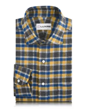 Flannel: Yellow Blue Grey Herringbone Checks Shirt Fitted Shape