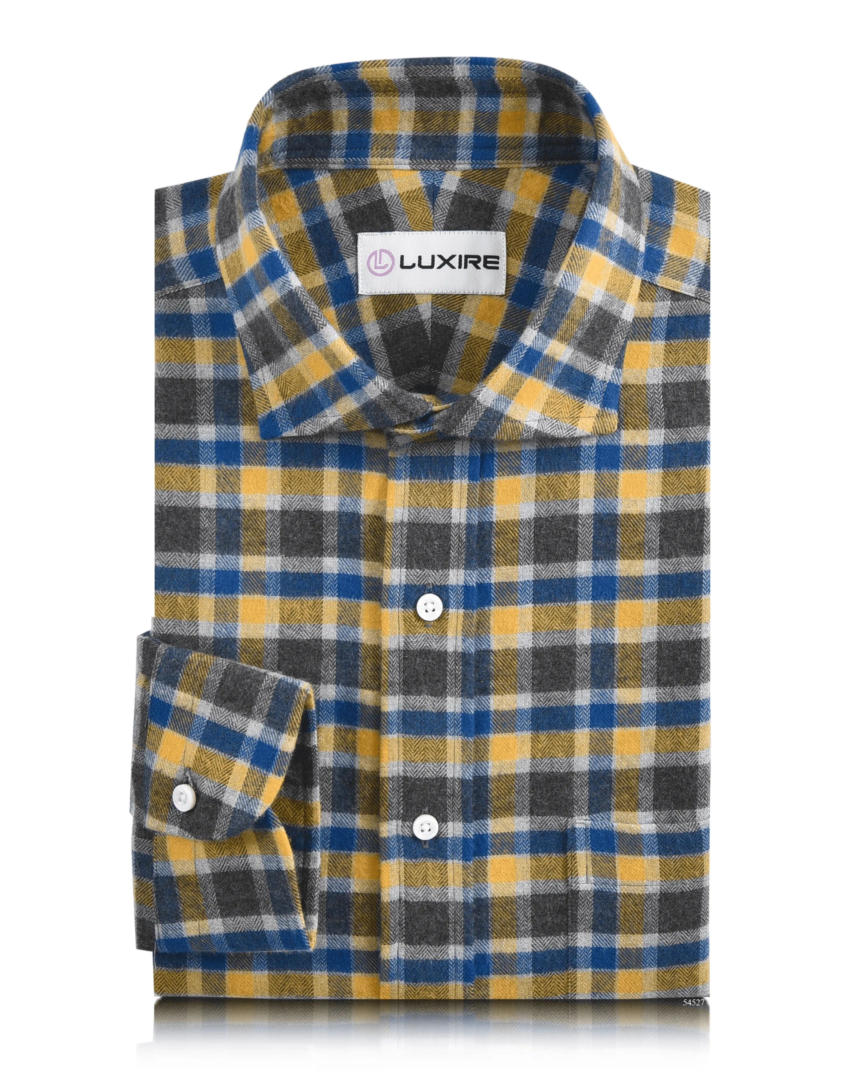Flannel: Yellow Blue Grey Herringbone Checks Shirt Fitted Shape