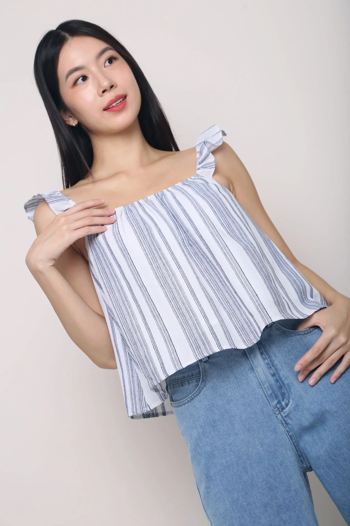 DoubleLayeredShoulders Comfortable Style More Than Stripes Flutter Top Dark