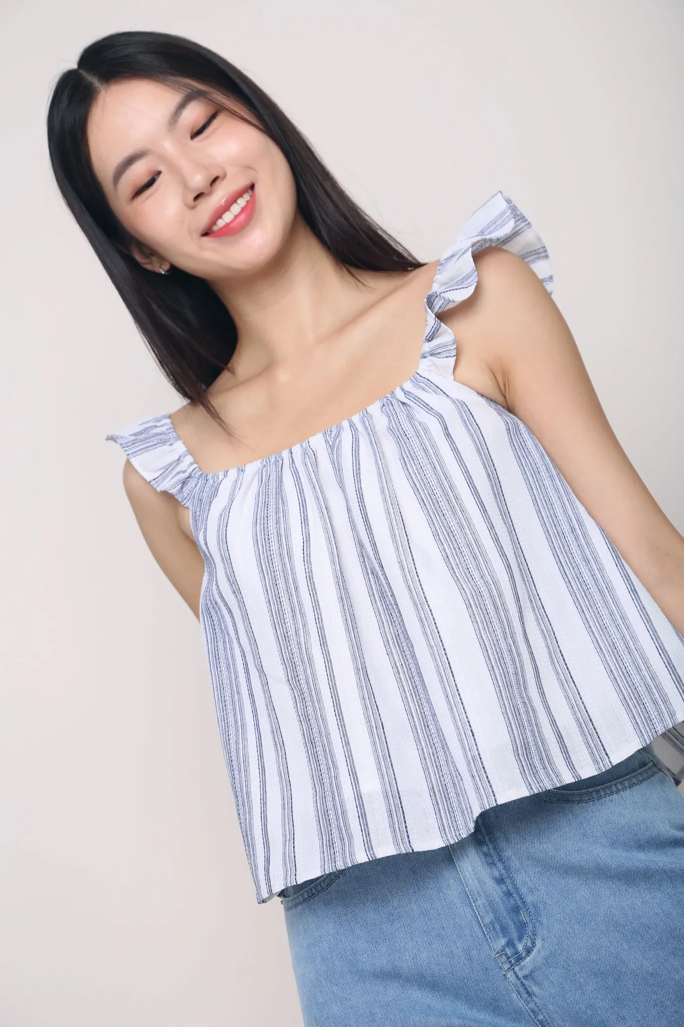 More Than Stripes Flutter Top Dark Four Way Stretch Material