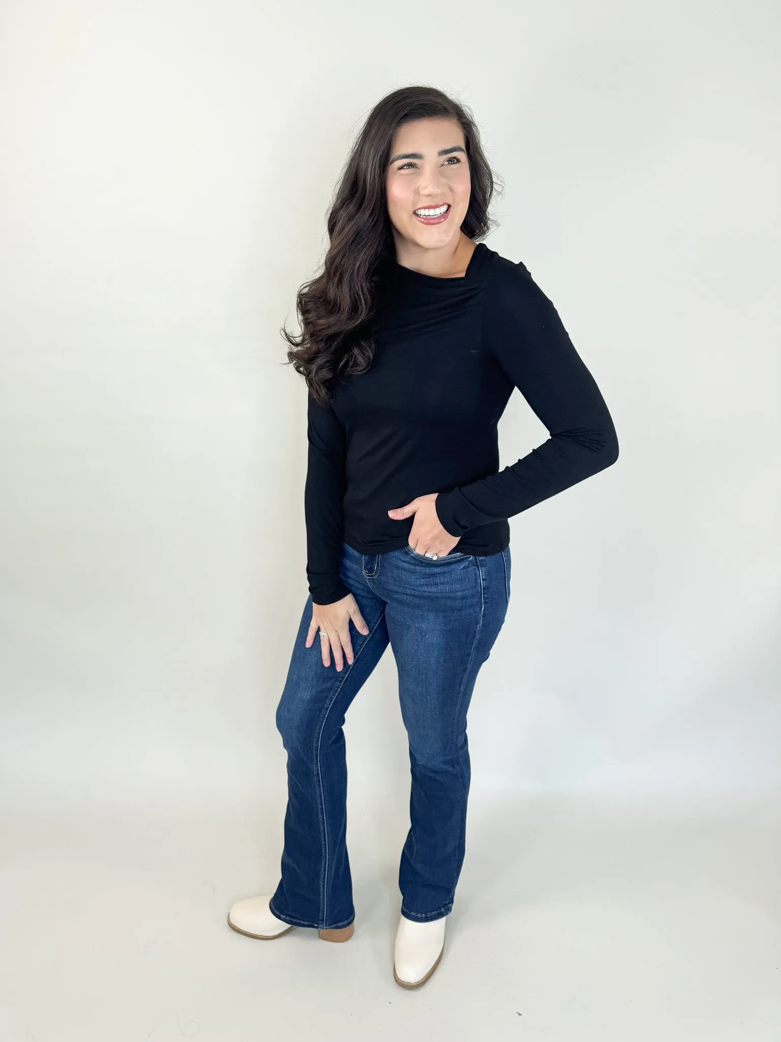 Leslee Asymmetrical Neck Blouse Reinforced Shoulders Sleek Fit