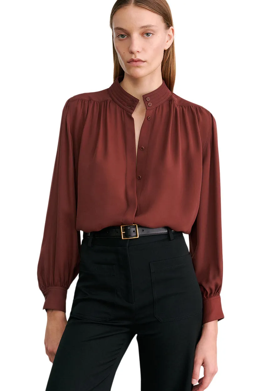 Nili Lotan Revi Silk Blouse in Burgundy Full Flex Belt loops