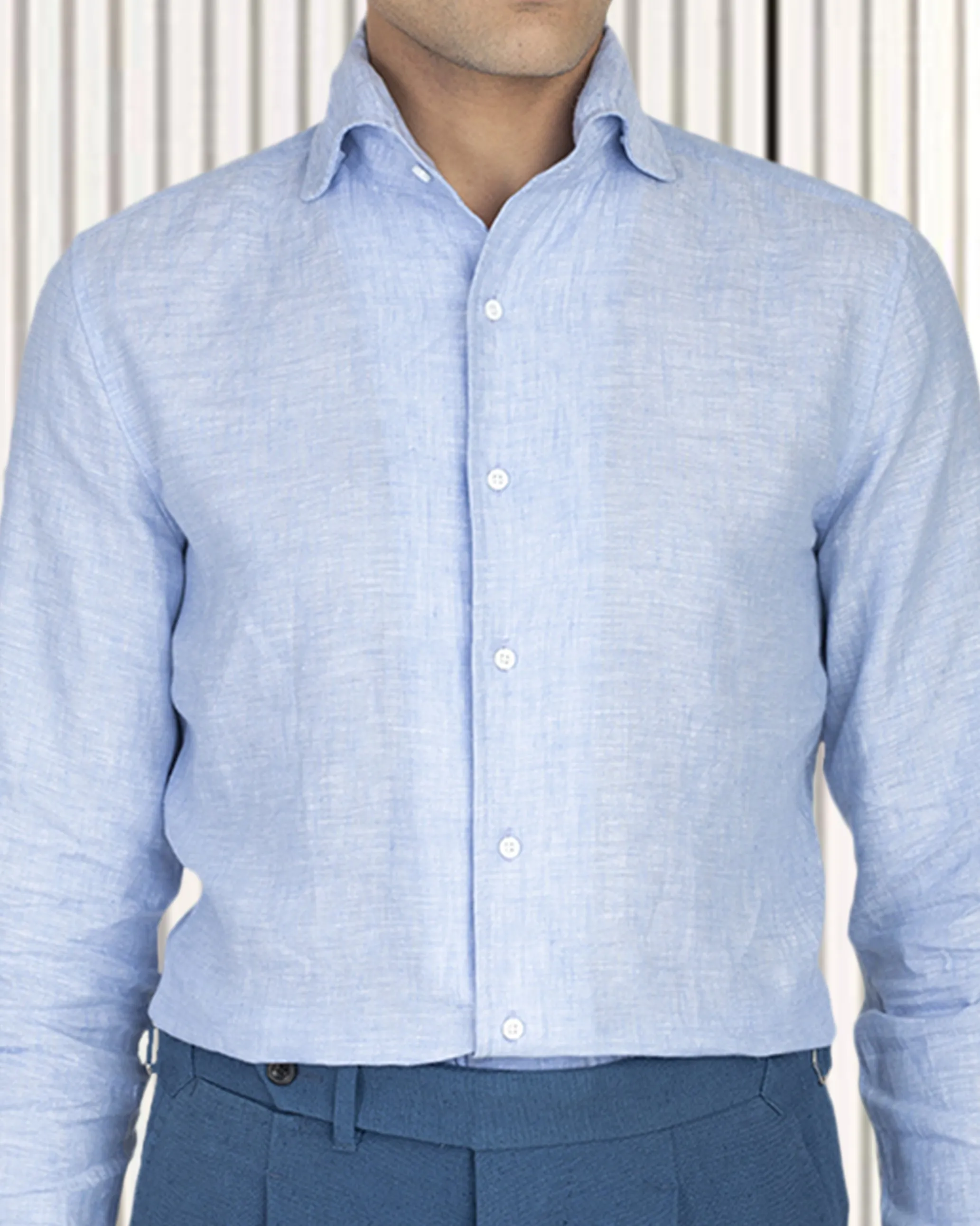 Linen Cotton: Light Blue Chambray one piece collar placket Athleisure Trend