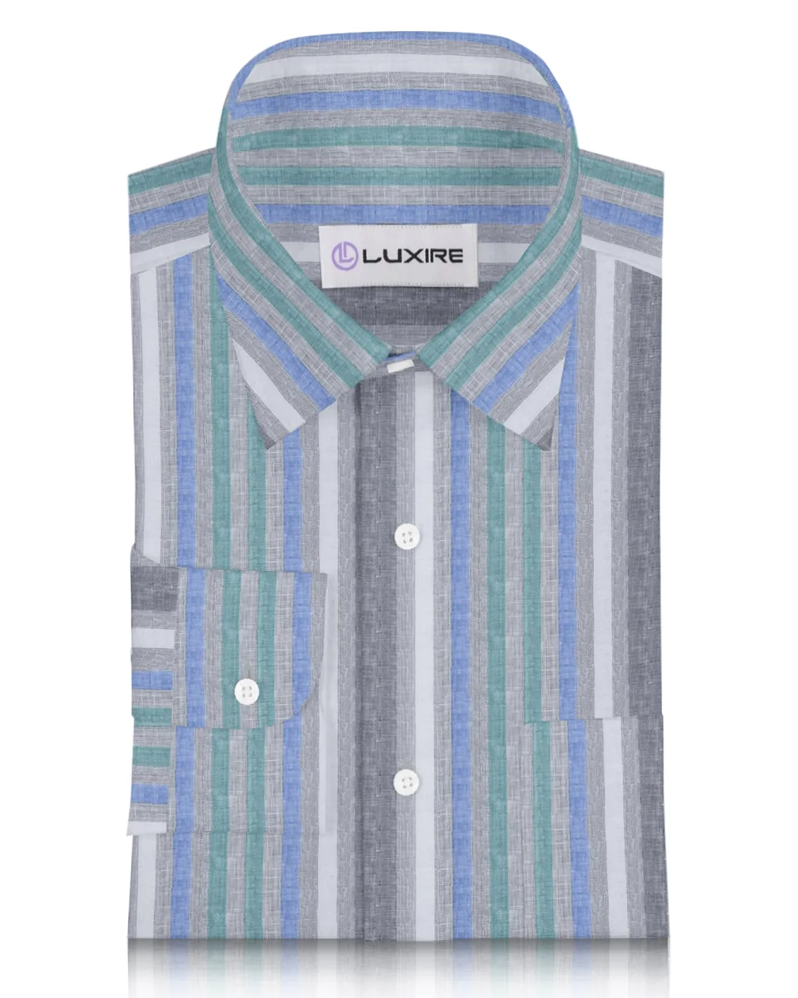 Linen: Green Blue White Tape Stripes On Grey Madras Shirt Airflow Ventilation System