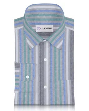 Linen: Green Blue White Tape Stripes On Grey Madras Shirt Airflow Ventilation System