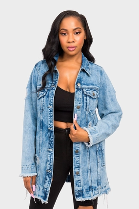 Layered Hem Design DoubleLayered Collar Little Angel Distressed Denim Jacket