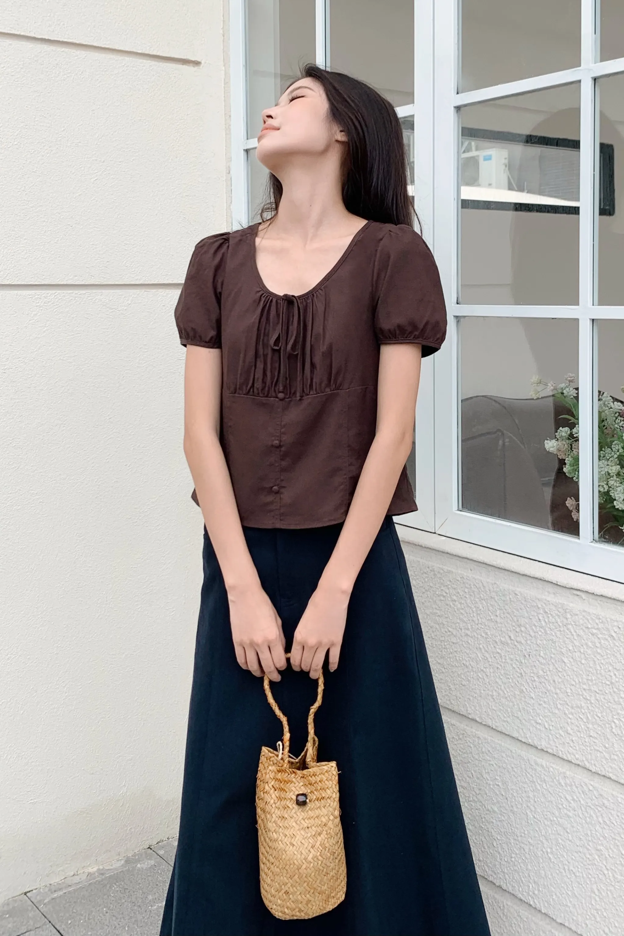 Everyday Comfort Fit Easy to Wear Loen Ruche Blouse Chestnut Brown