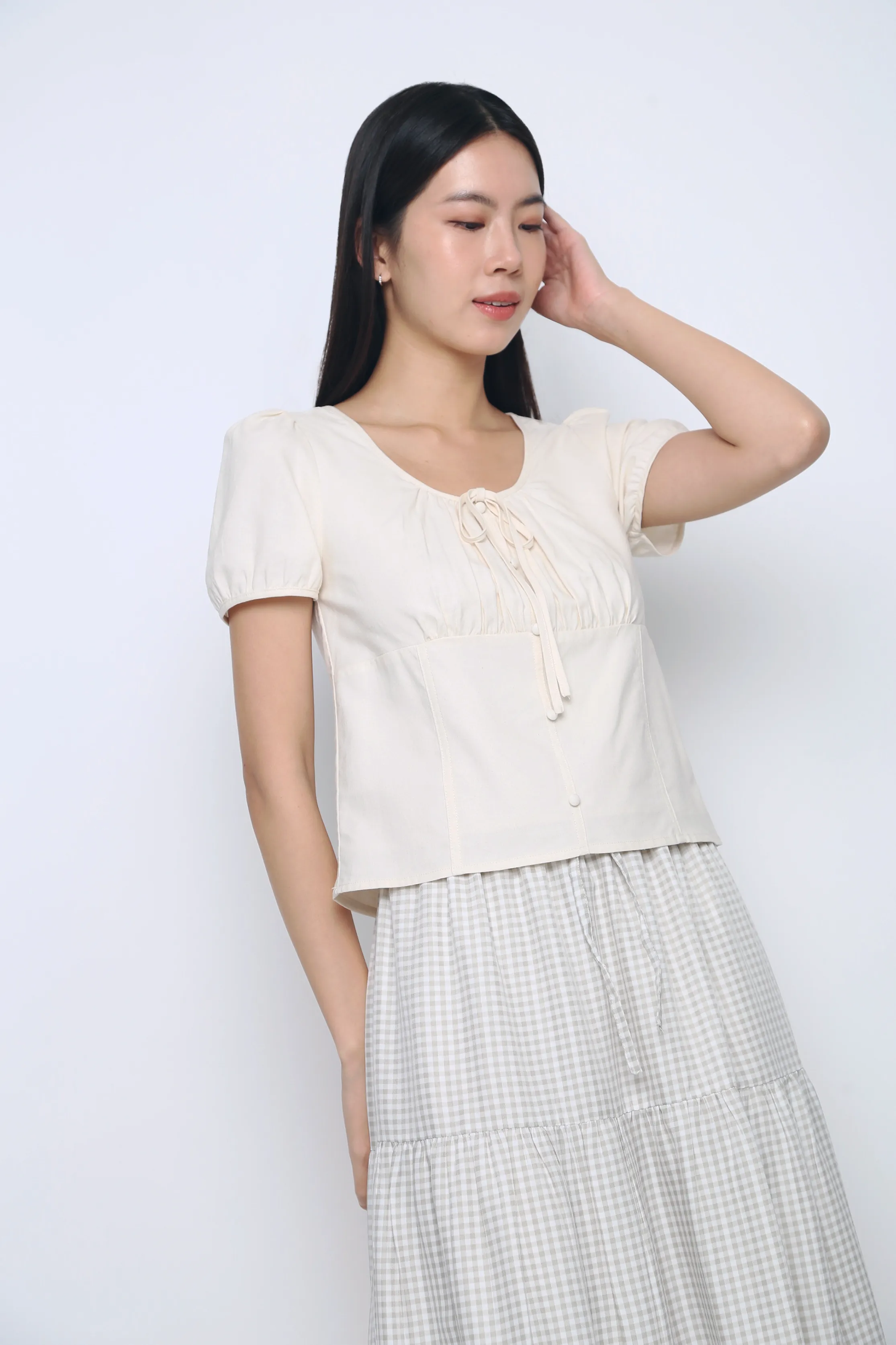 Loen Ruche Blouse Ivory Curved Hem LightweightWeave
