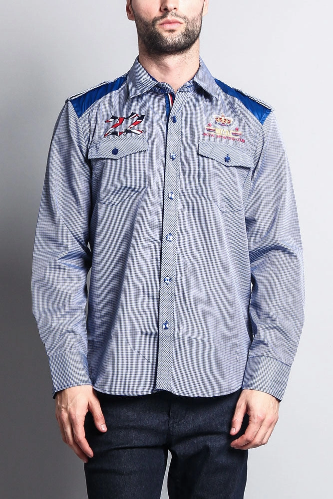Long Sleeve Checkered Embroidered 22 Button Up Shirt Multi Pocket Configuration sporty wear