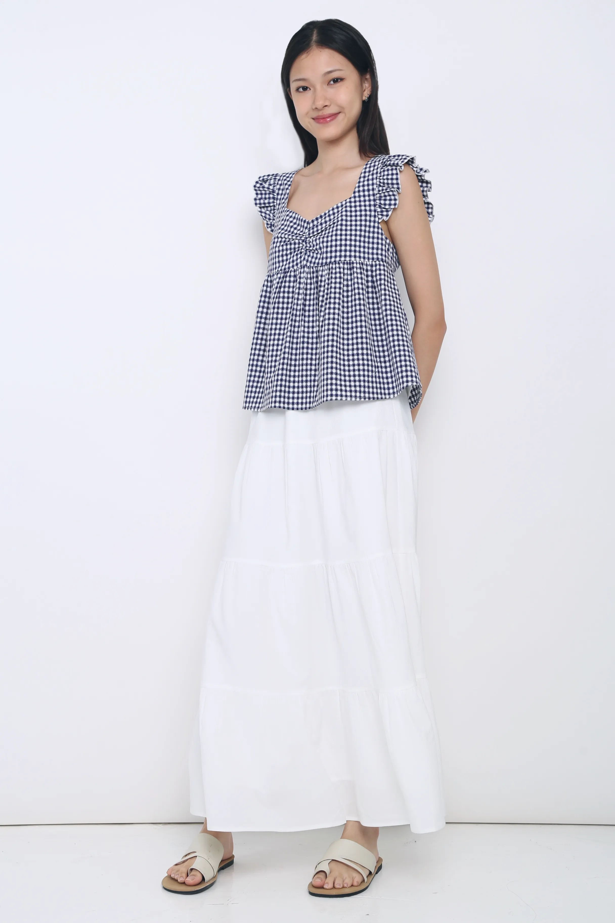 NonChafe Tag Placement Soft Cotton Naomi Picnic Gingham Blouse Navy