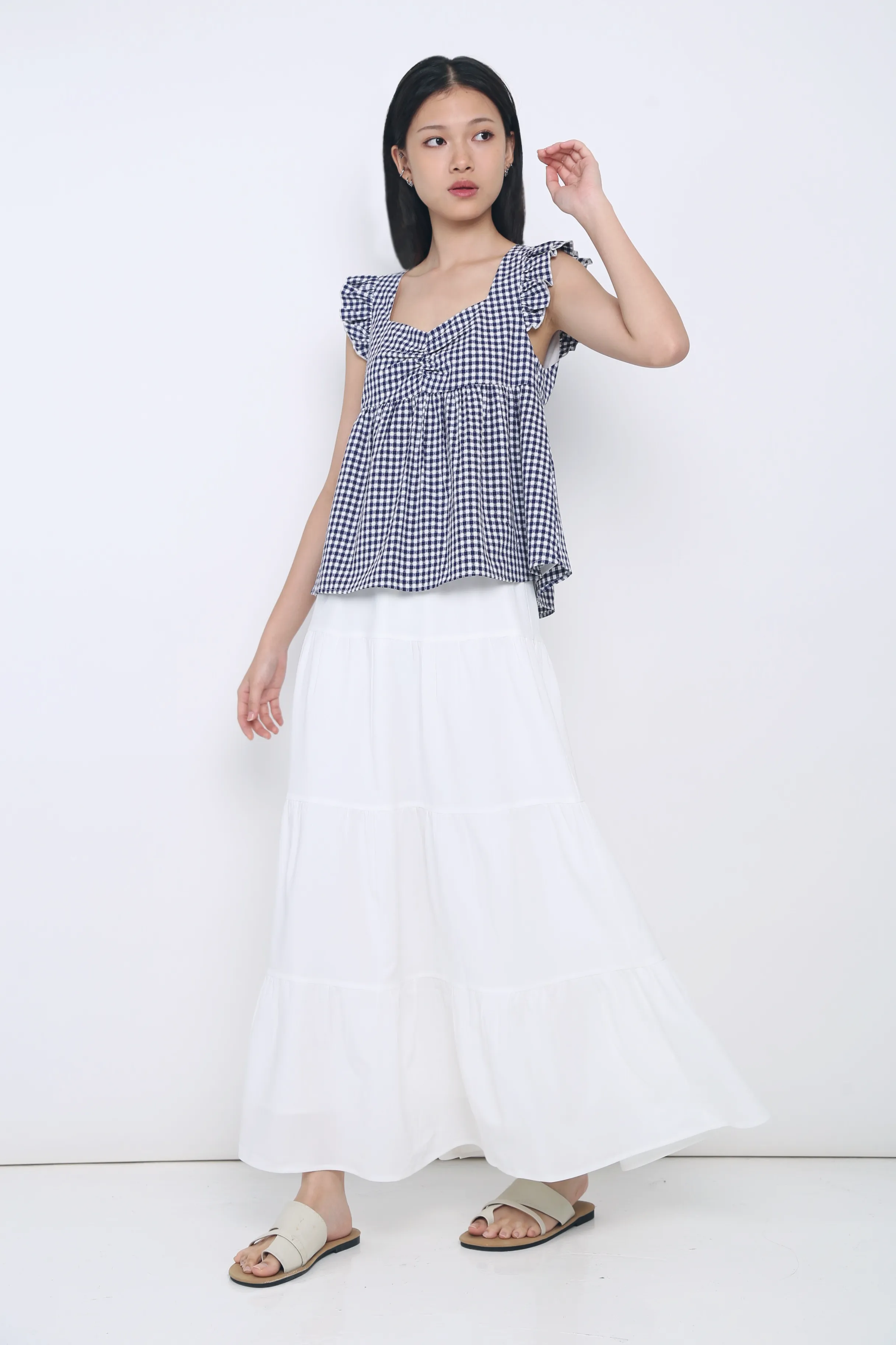 Naomi Picnic Gingham Blouse Navy Fitted Shirt TemperatureRegulating