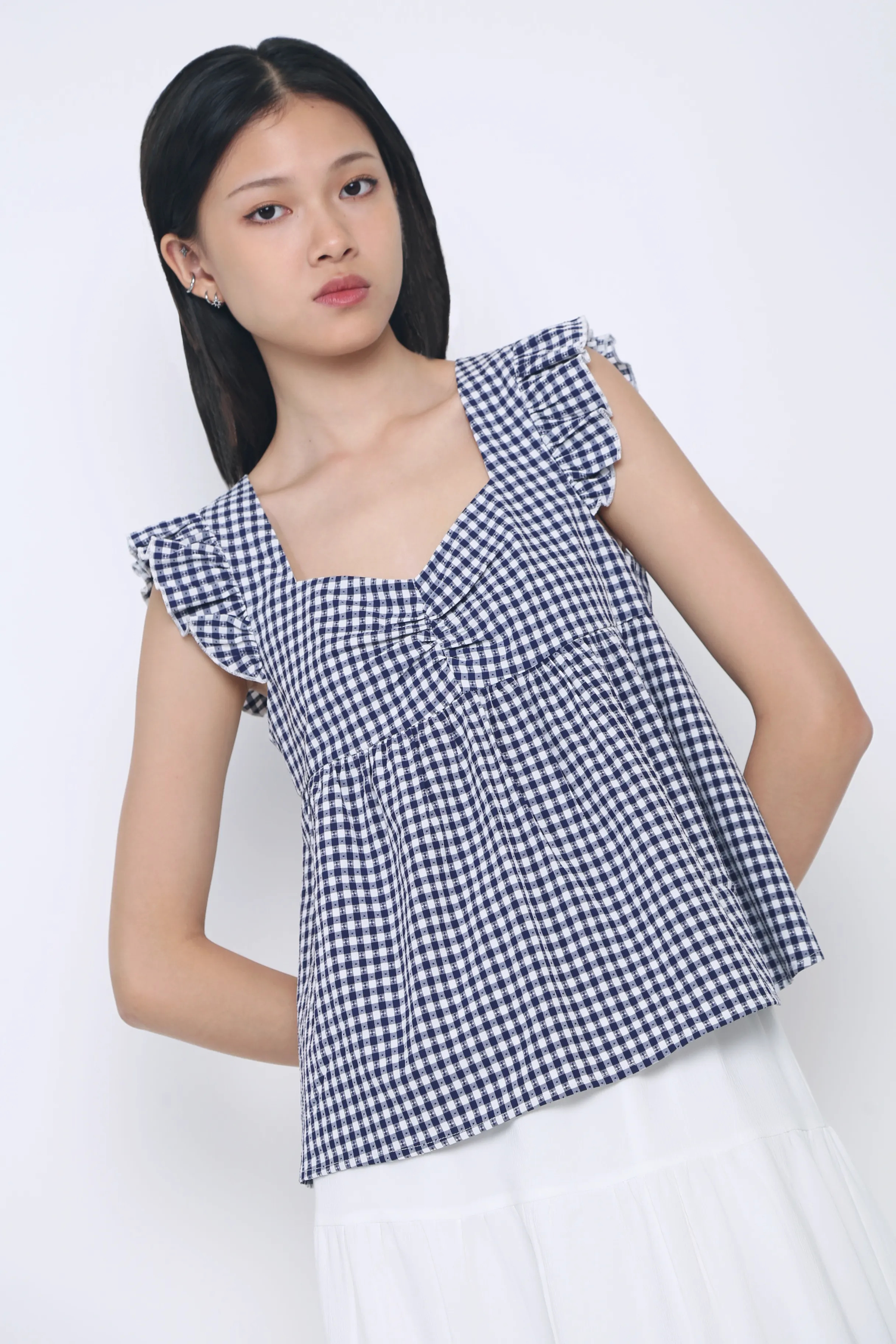 Minimalist Detailing Naomi Picnic Gingham Blouse Navy
