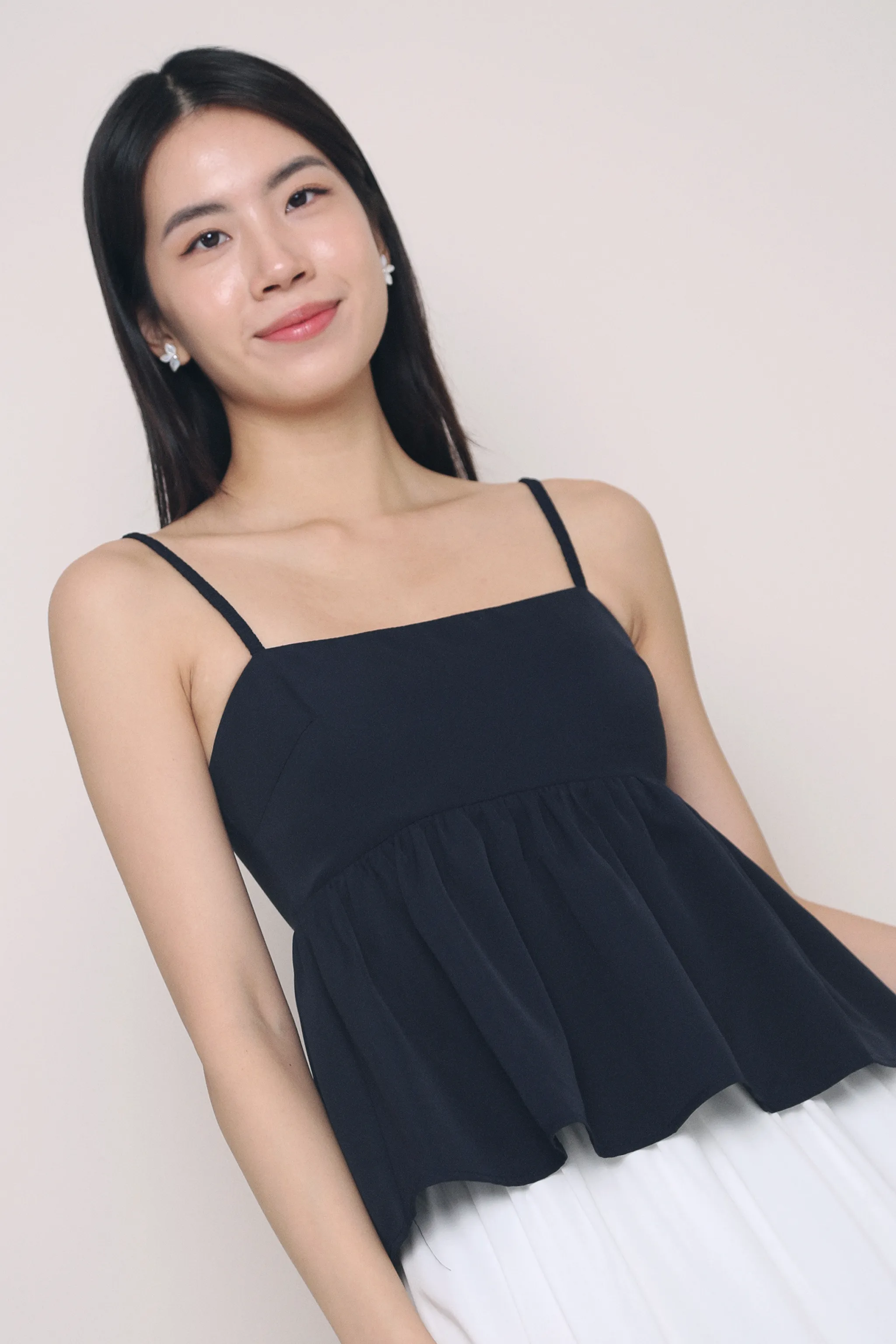 Two Tone Texture Effect Odor Resistant Technology Louvre Strappy Babydoll Top Midnight Navy