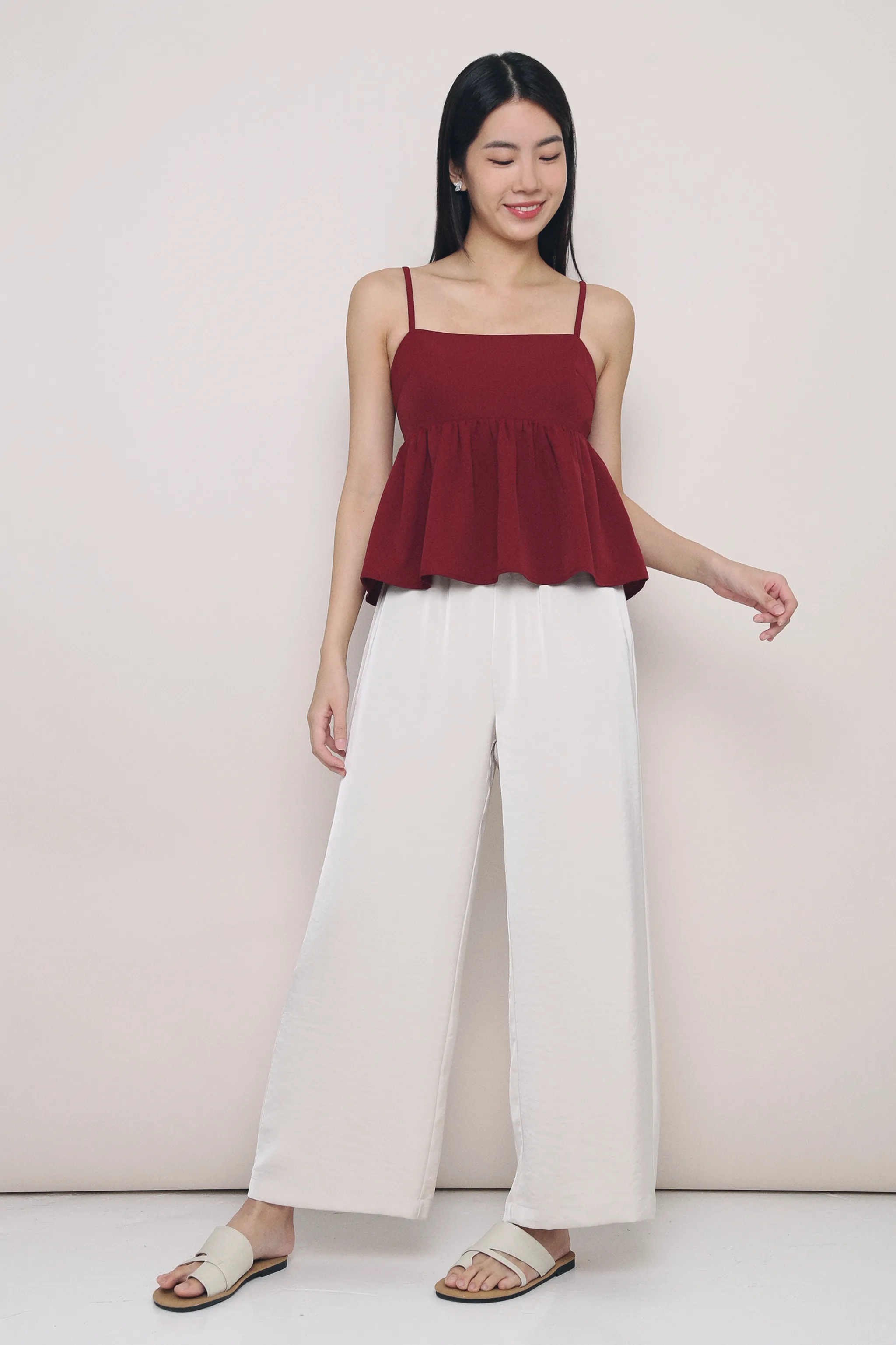 LightweightFabric Durable Fiber Blend Louvre Strappy Babydoll Top Wine