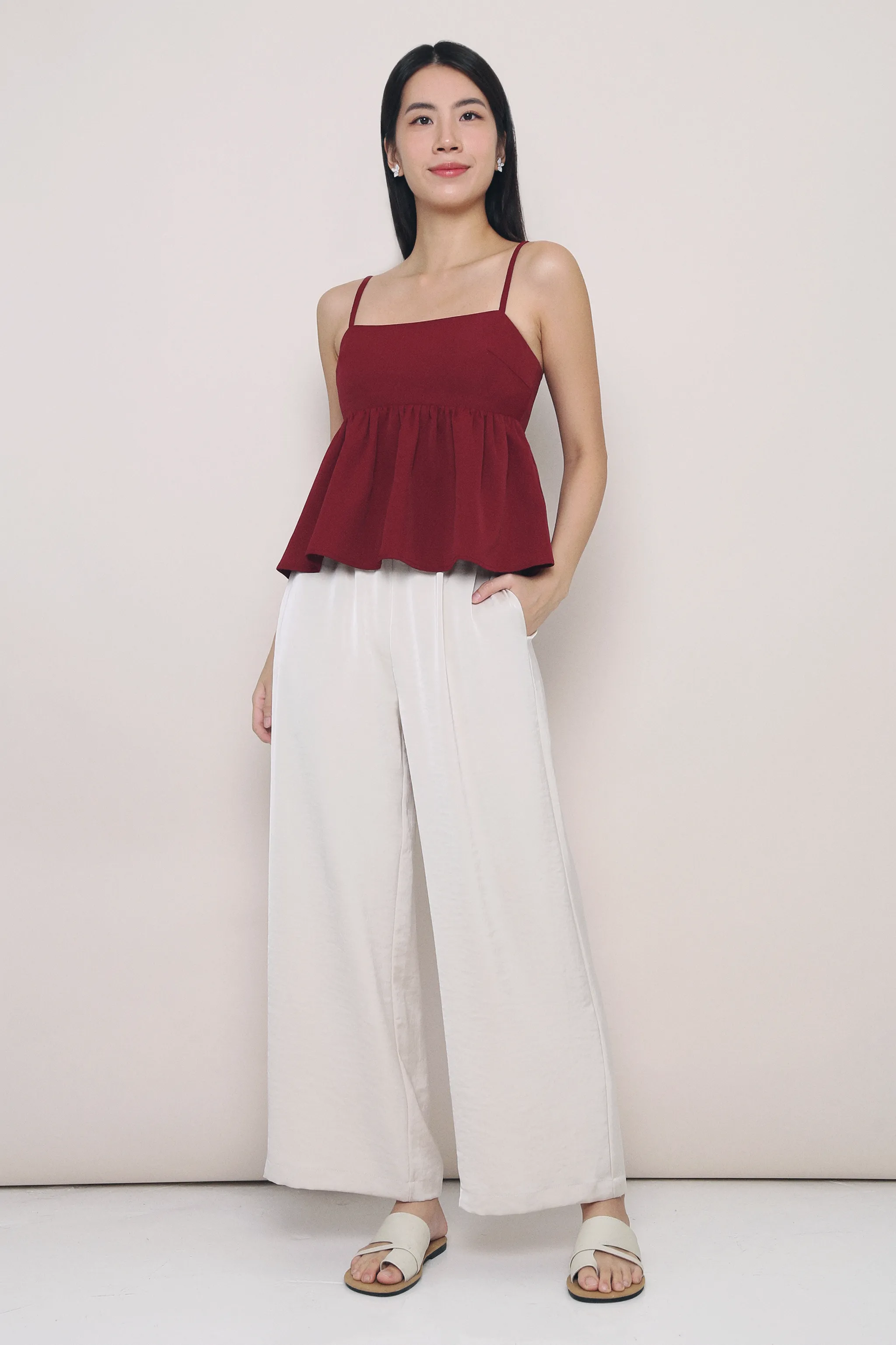 Stretchy Top FlexibleRibbing Louvre Strappy Babydoll Top Wine