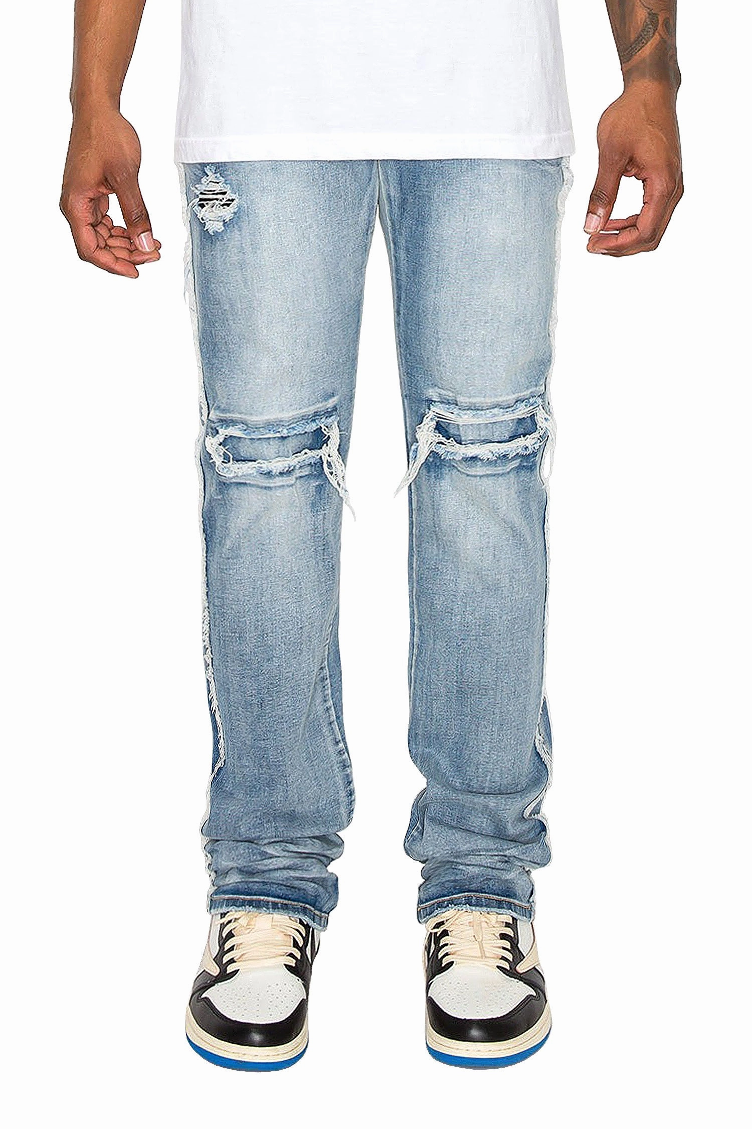 Men's Stacked Fit Raw Edge Distressed Denim Jeans Flattering Comfort Wear LightweightConstruction