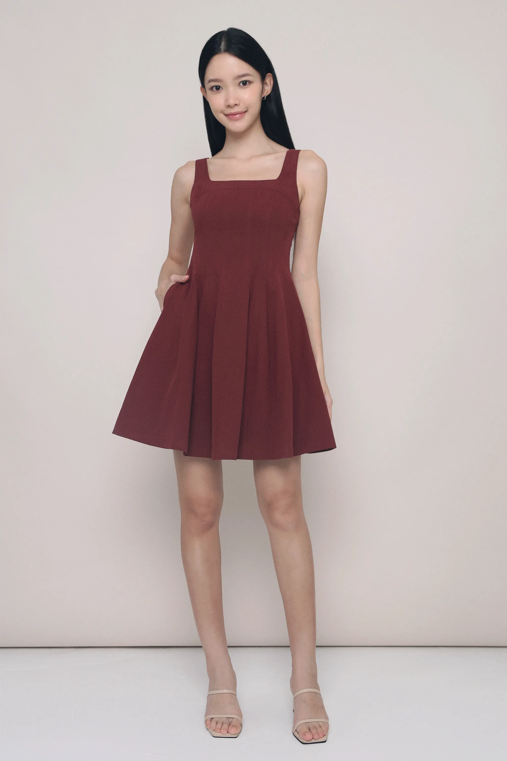 Anais Fit Flare Panel Dress Burgundy Layered Texture
