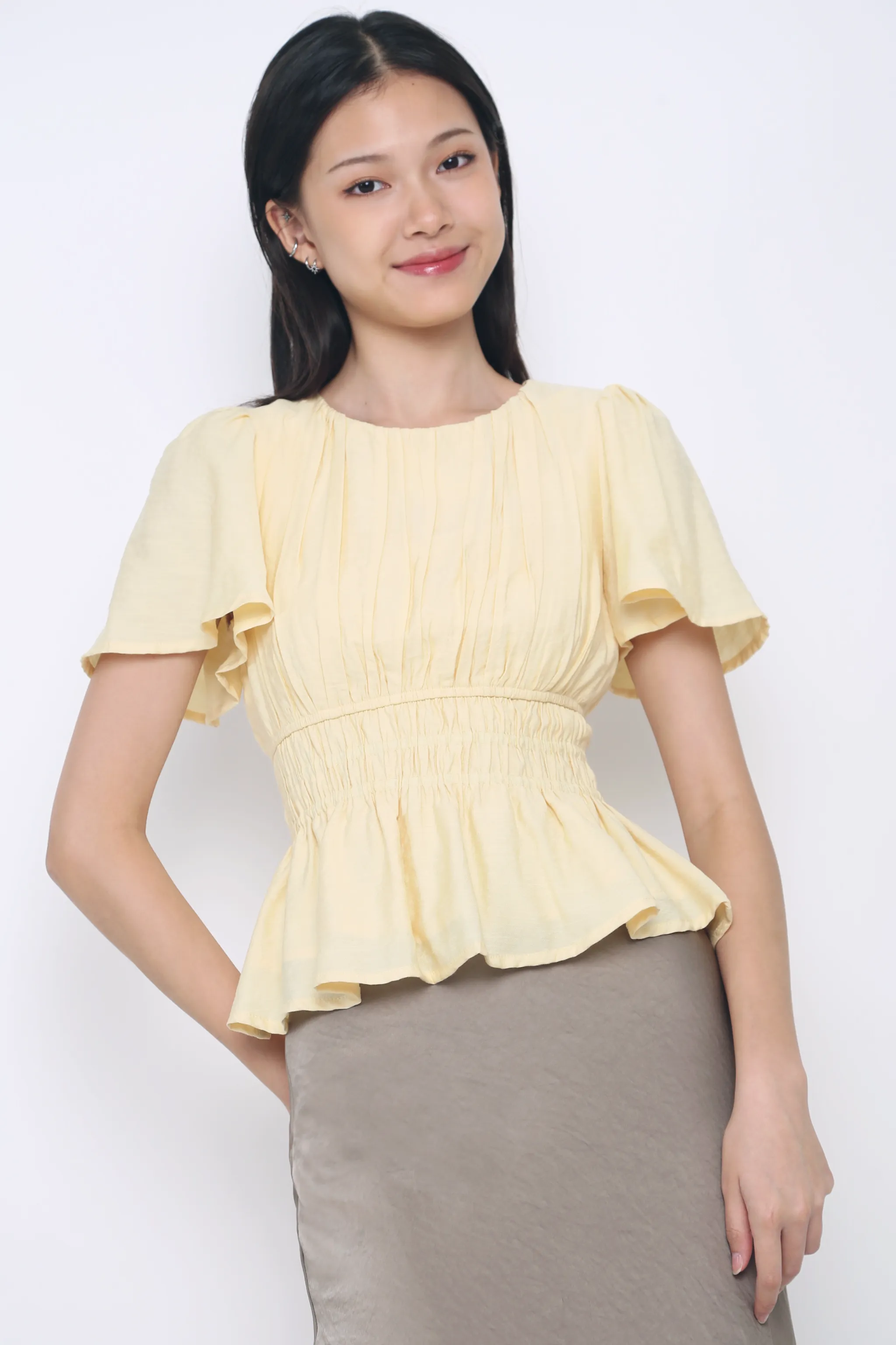 Lush Pleat Blouse Vanilla Yellow Cozy Cardigan