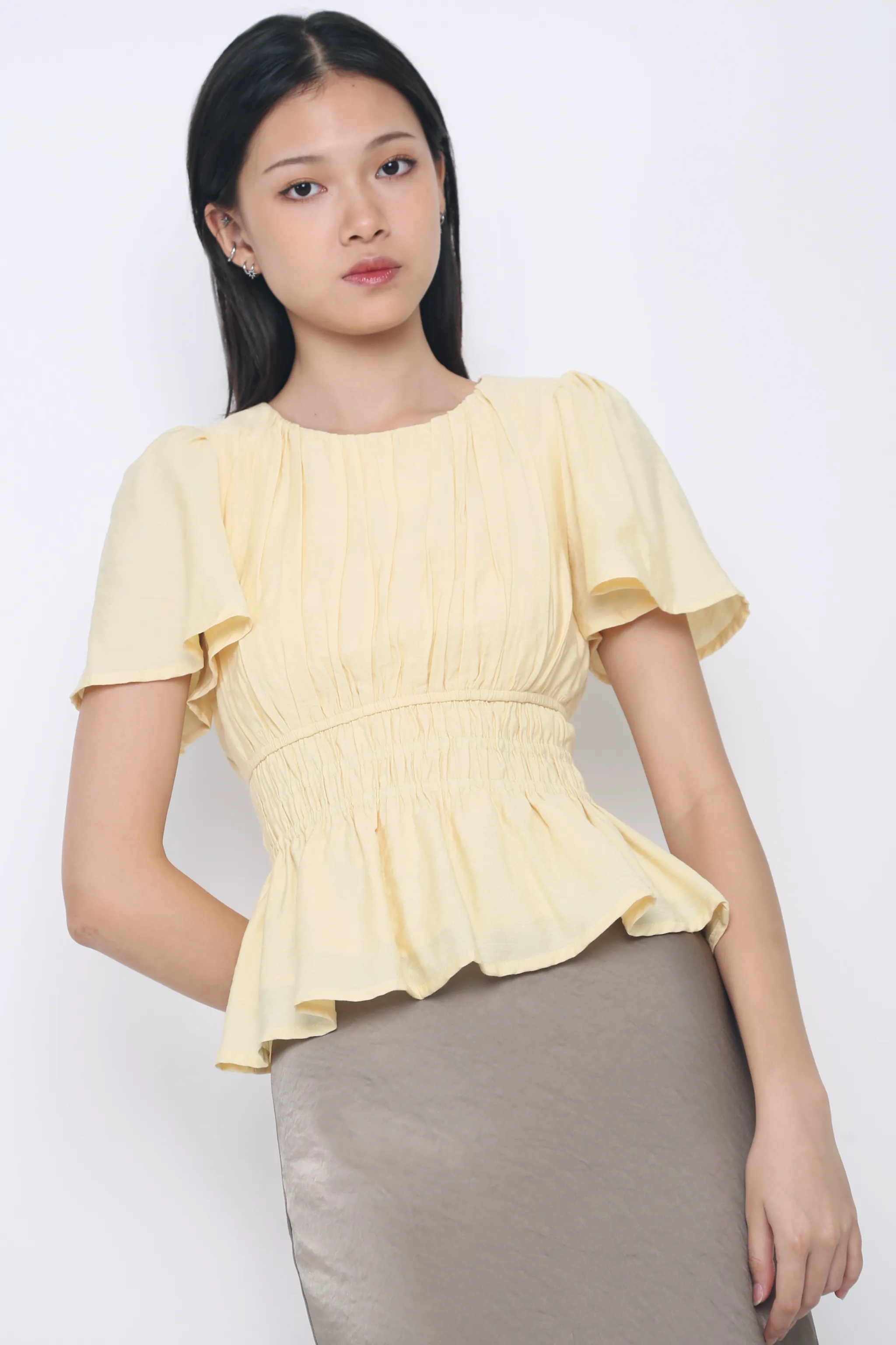 Lush Pleat Blouse Vanilla Yellow Stretchable Knit