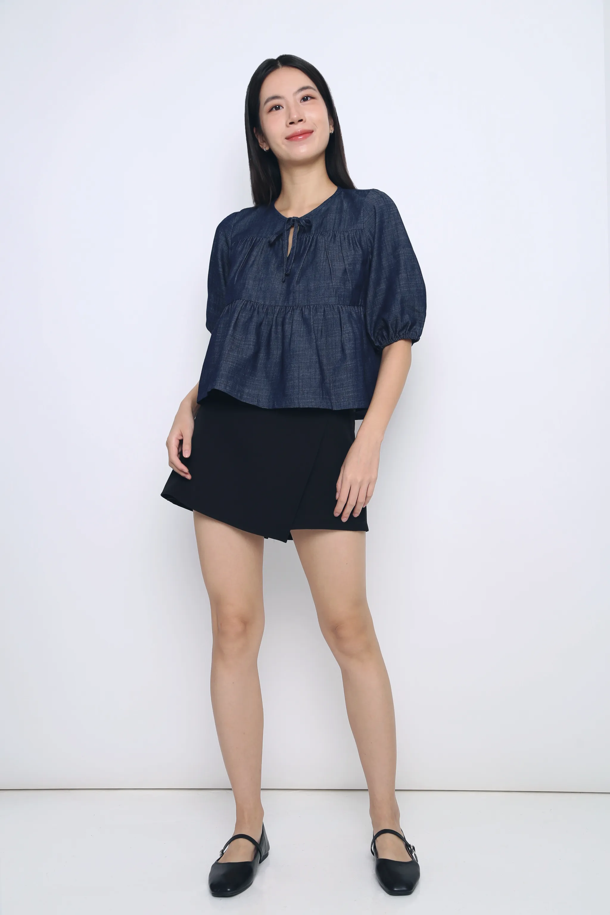 Double Layered Hem Reinforcement Eco Dye Process Bluebell Tiered Denim Blouse Dark