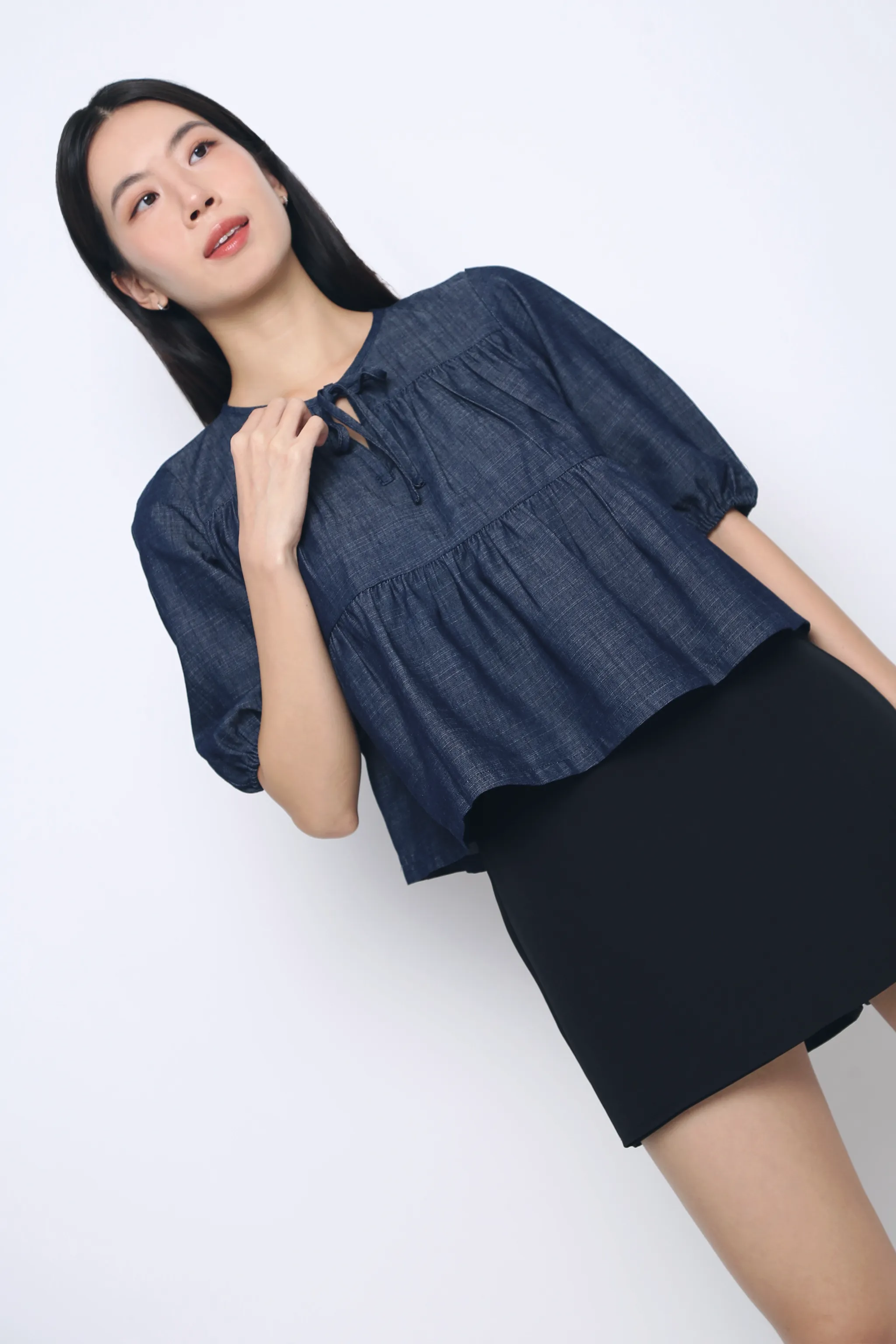 Layered Collar System Bluebell Tiered Denim Blouse Dark