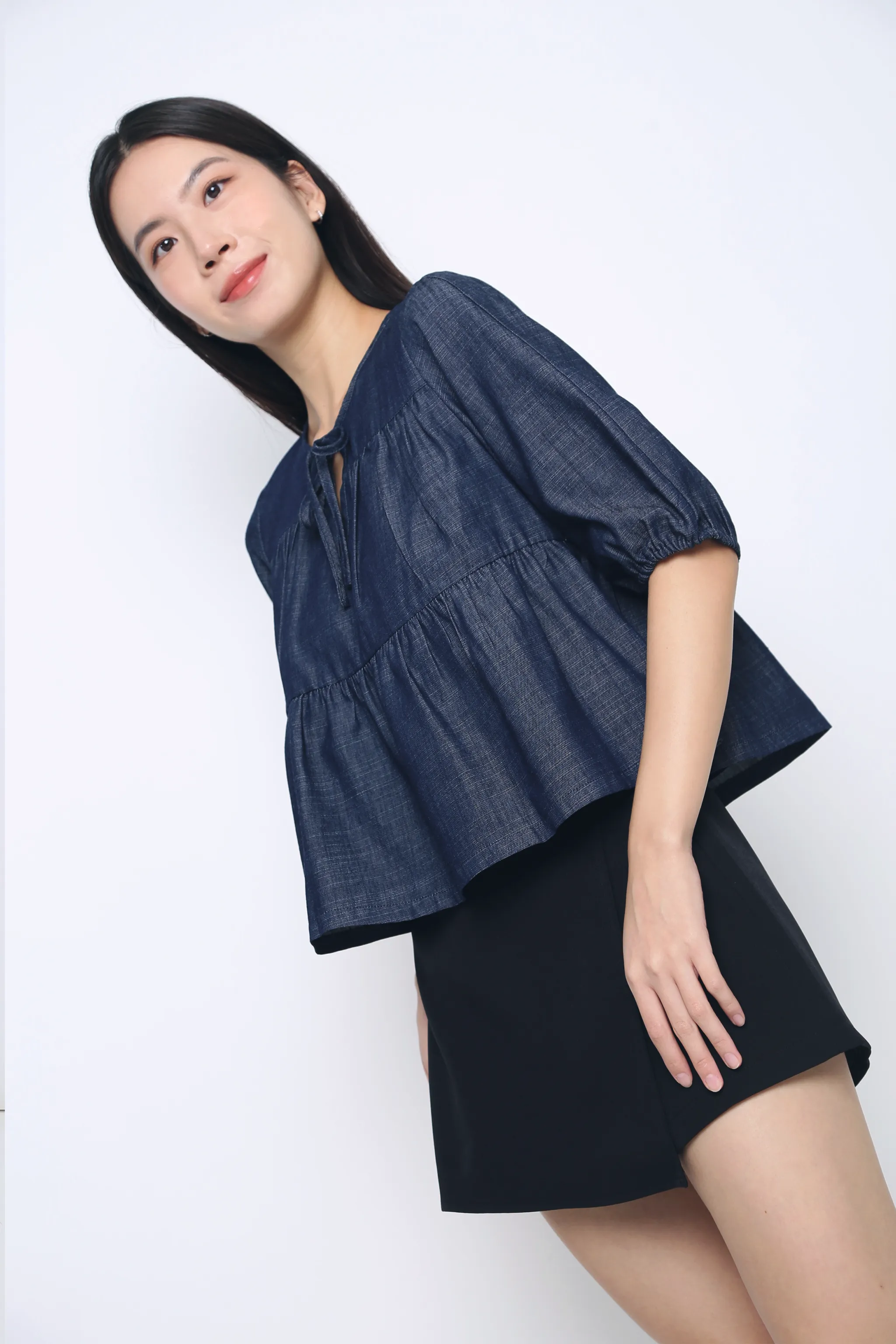 Bluebell Tiered Denim Blouse Dark Cool Weather