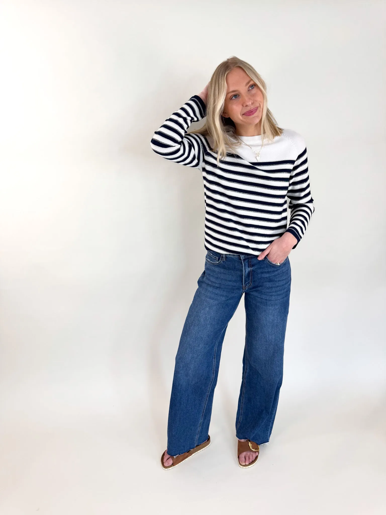 Snug Layer Cozy Comfort Wear Maine Navy Stripe Sweater