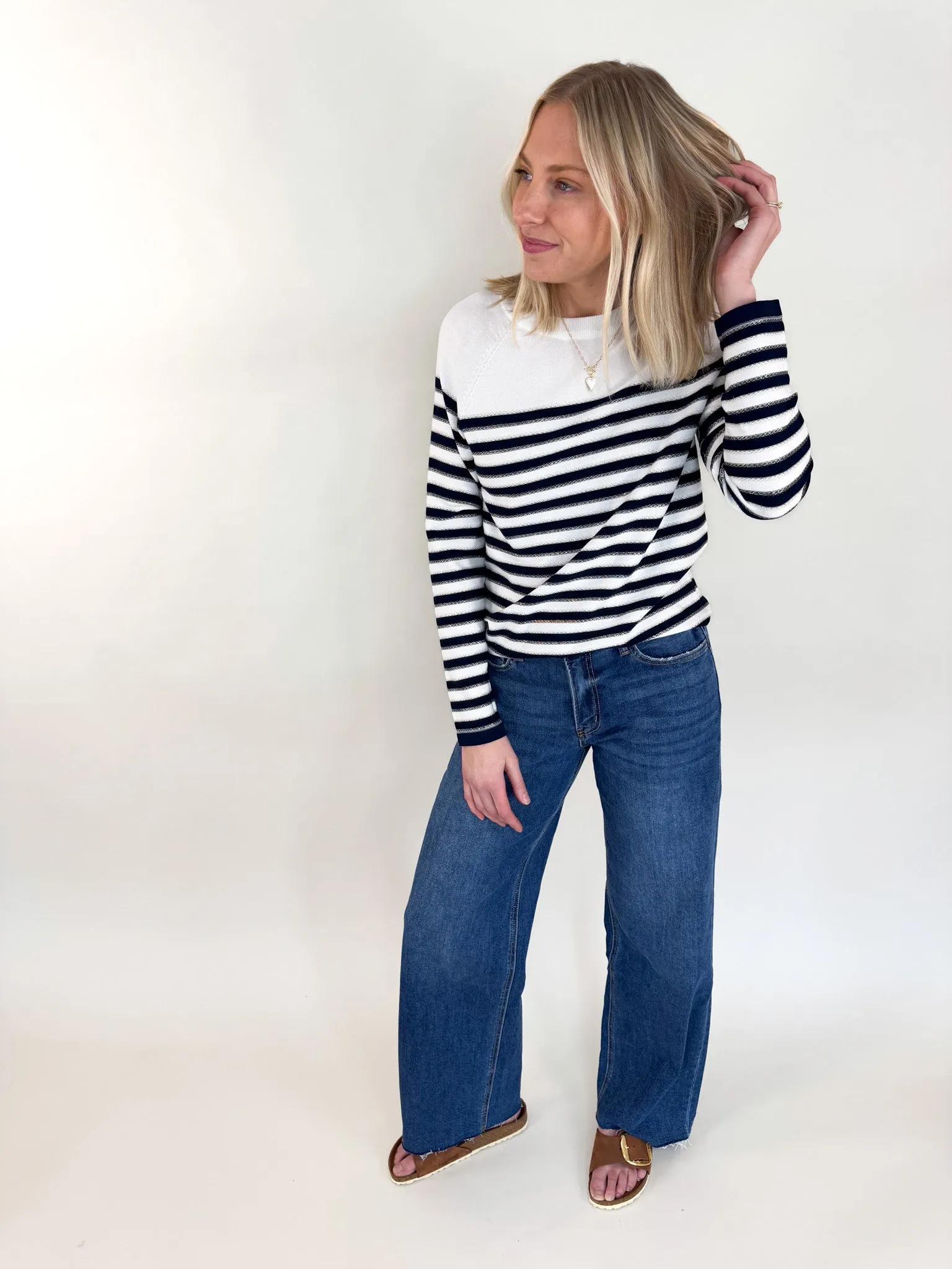 Tagless Labeling Trendy Layers Maine Navy Stripe Sweater