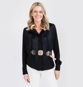 MASON by MASON'S DAUGHTER | Loretta Western Fringe Top, Black DoubleStitched Hemming