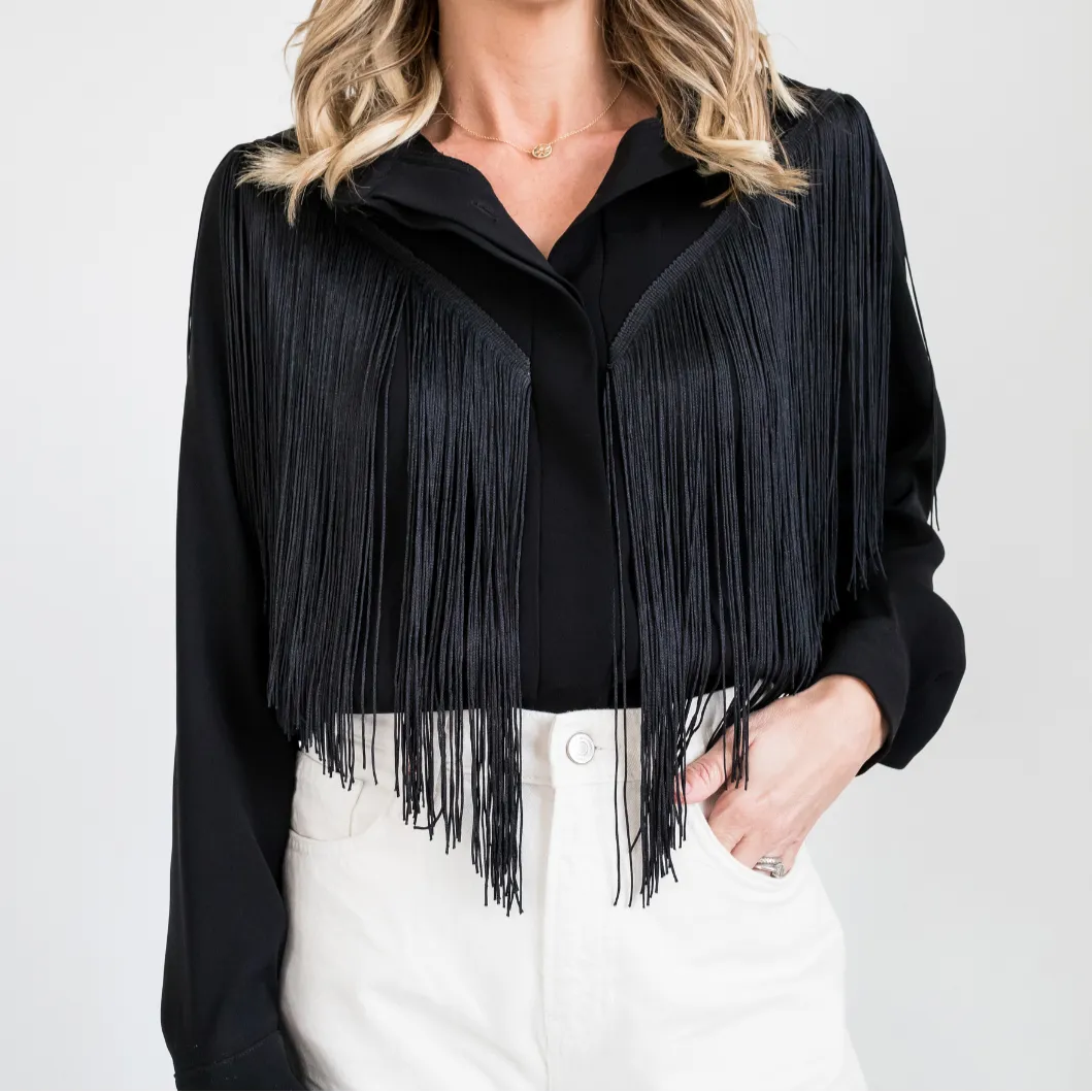 Non Slip Shoulder Seams Soft Touch Texture MASON by MASON'S DAUGHTER | Loretta Western Fringe Top, Black
