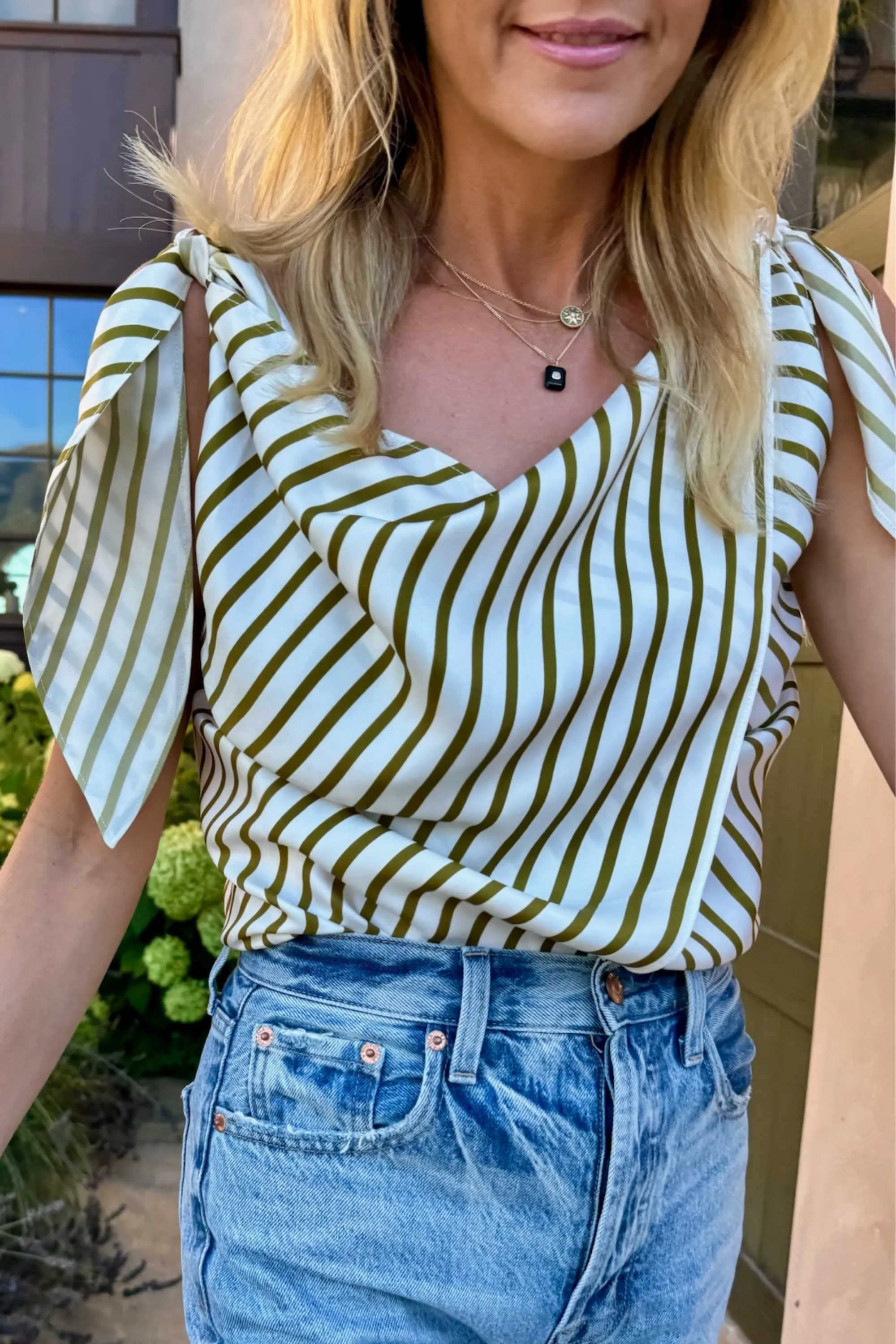 MASONS DAUGHTER | Lily Scarf Top, Olive & Ivory Striped Airflow Ventilation Zones Double Needle Stitching